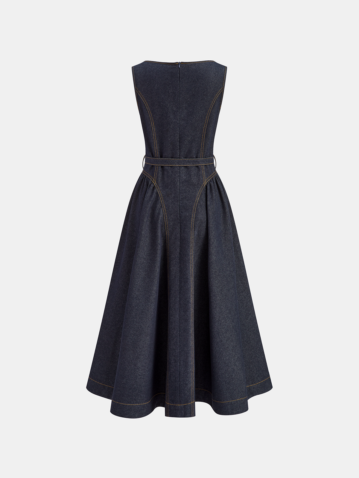 Denim Sleeveless Belted Flared Maxi Dress-Chicvia