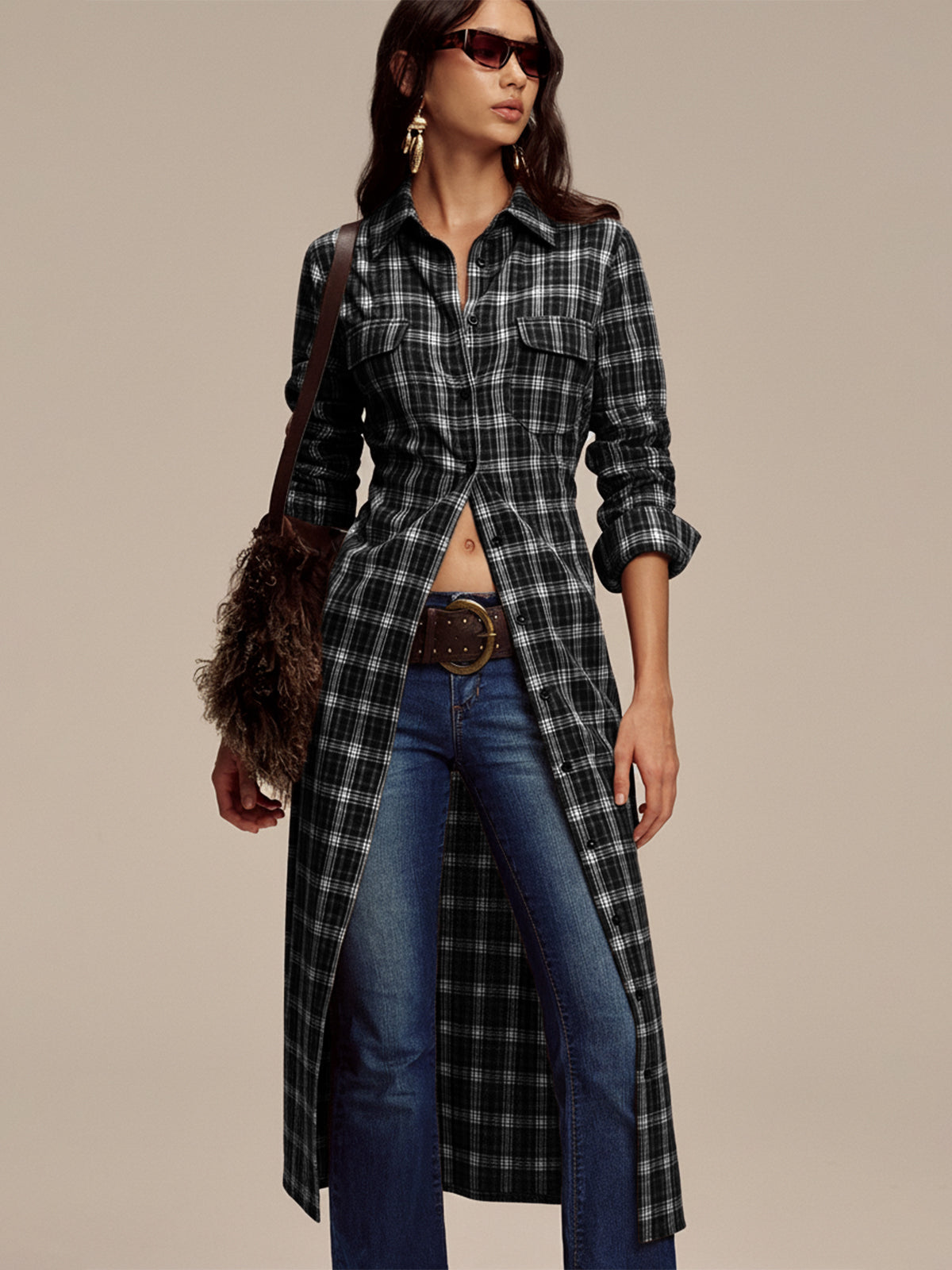 Plaid Button Front Shirt Dress-Chicvia