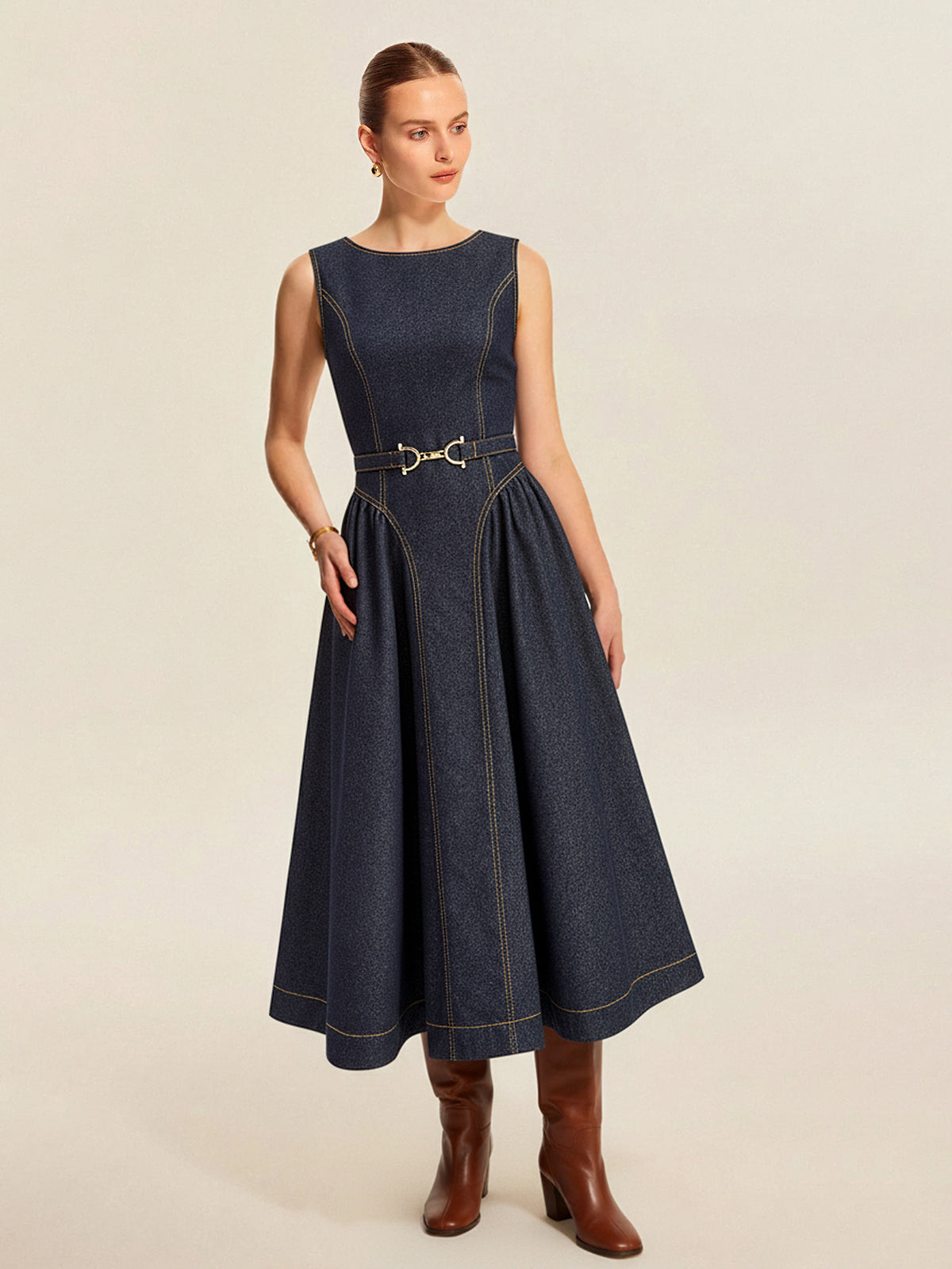 Denim Sleeveless Belted Flared Maxi Dress-Chicvia
