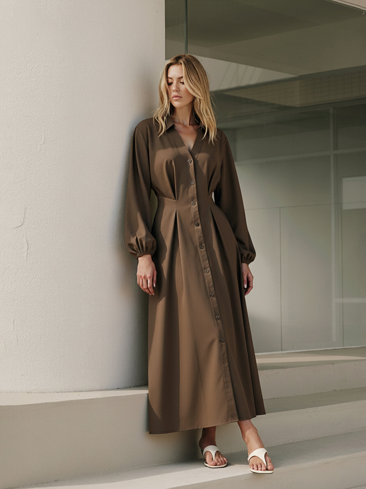 Long Sleeve Button Front Cotton Shirt Dress-Chicvia