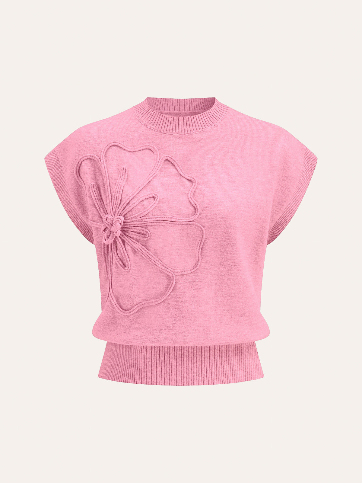 Flower Applique Cap Sleeve Knit Top-Chicvia