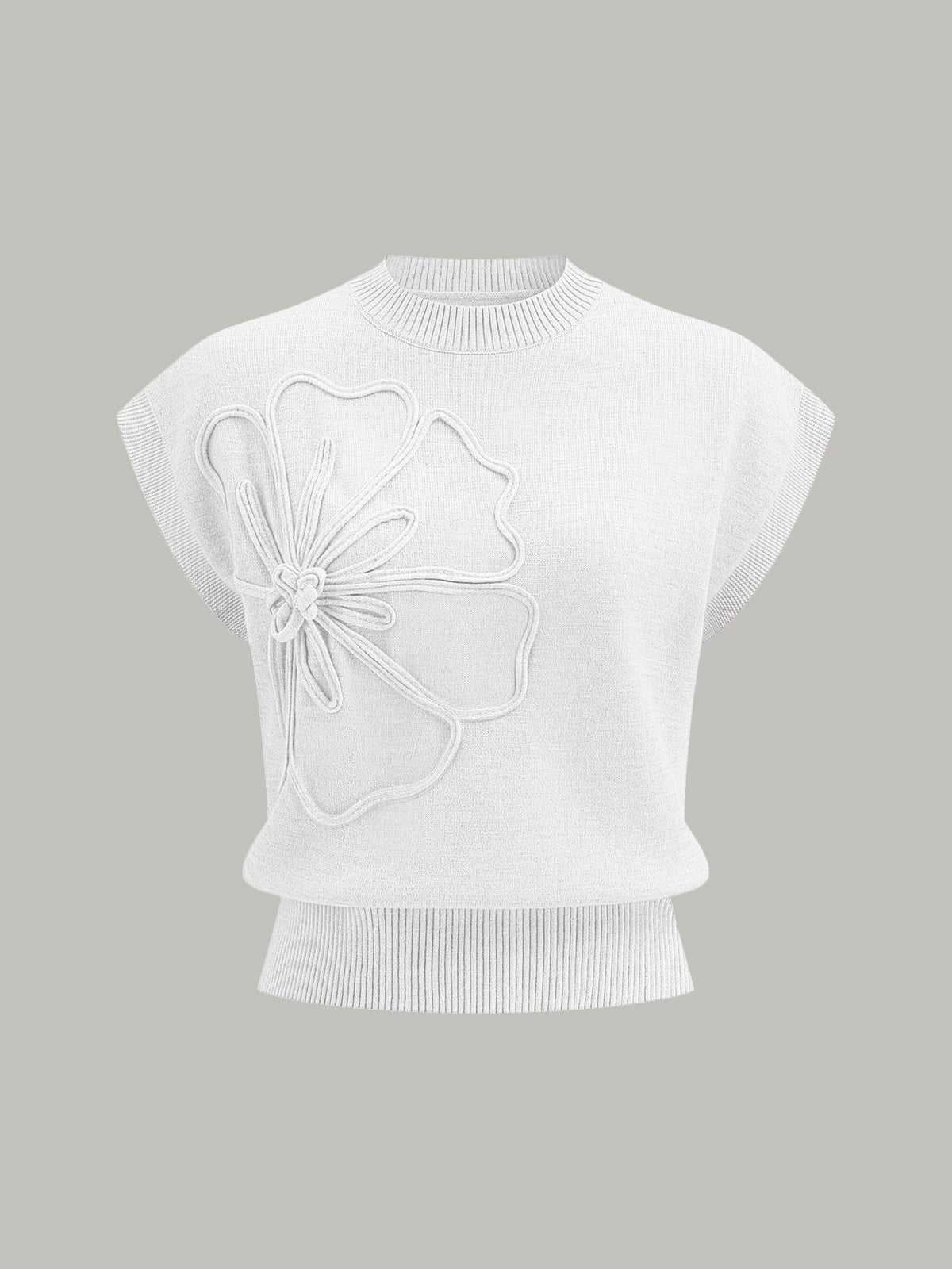 Flower Applique Cap Sleeve Knit Top-Chicvia