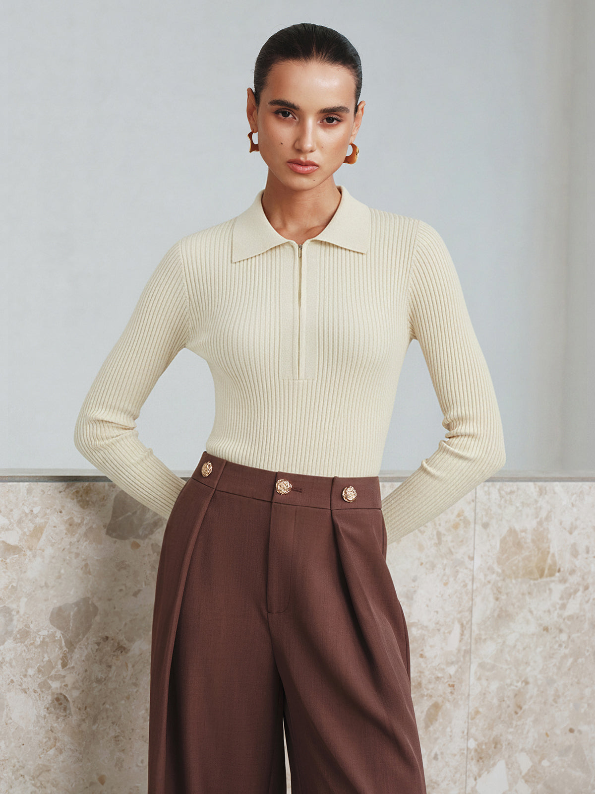 Ribbed Polo Zip Knit Bodysuit-Chicvia