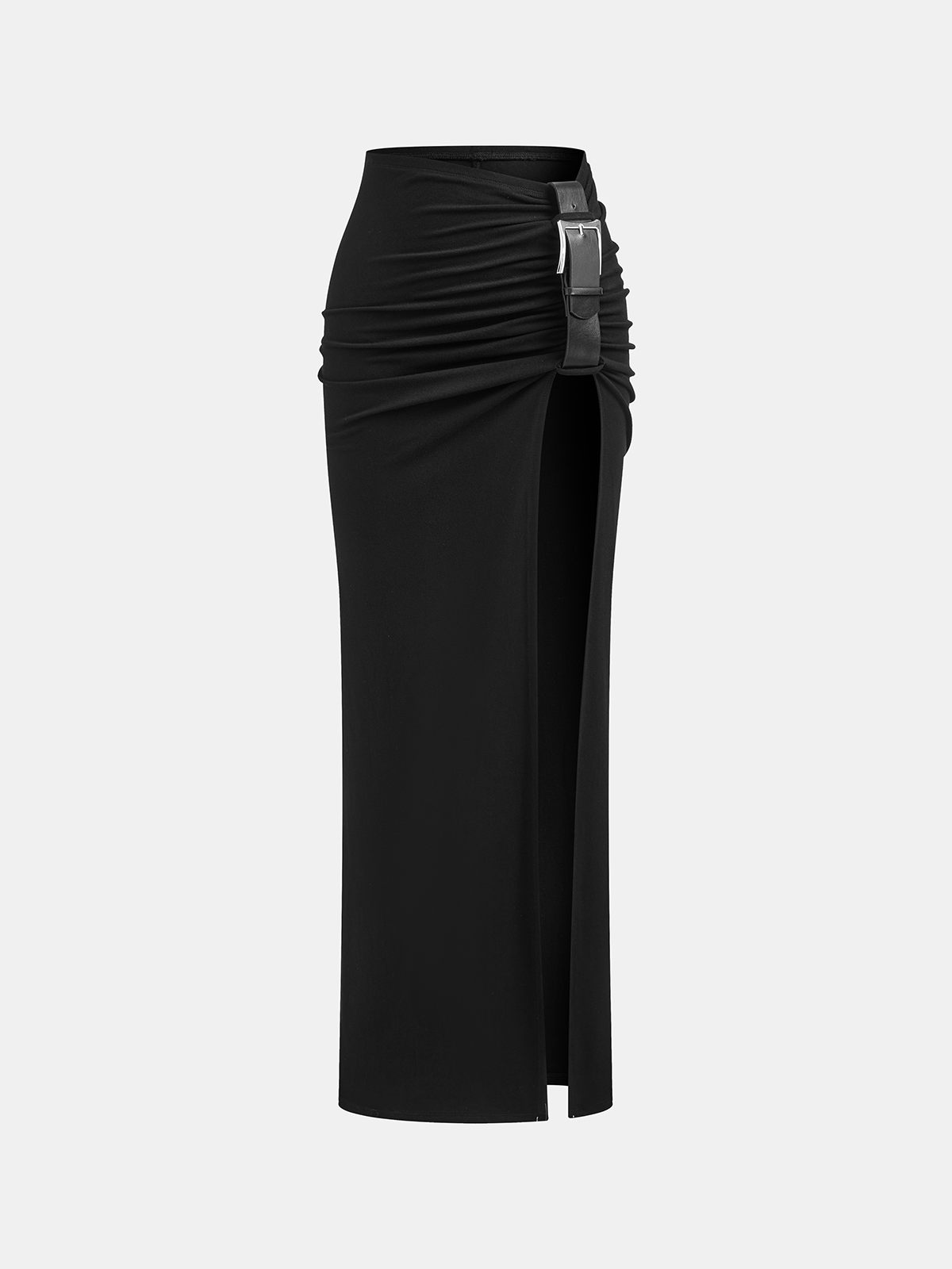 High Slit Belted Ruched Maxi Skirt-Chicvia