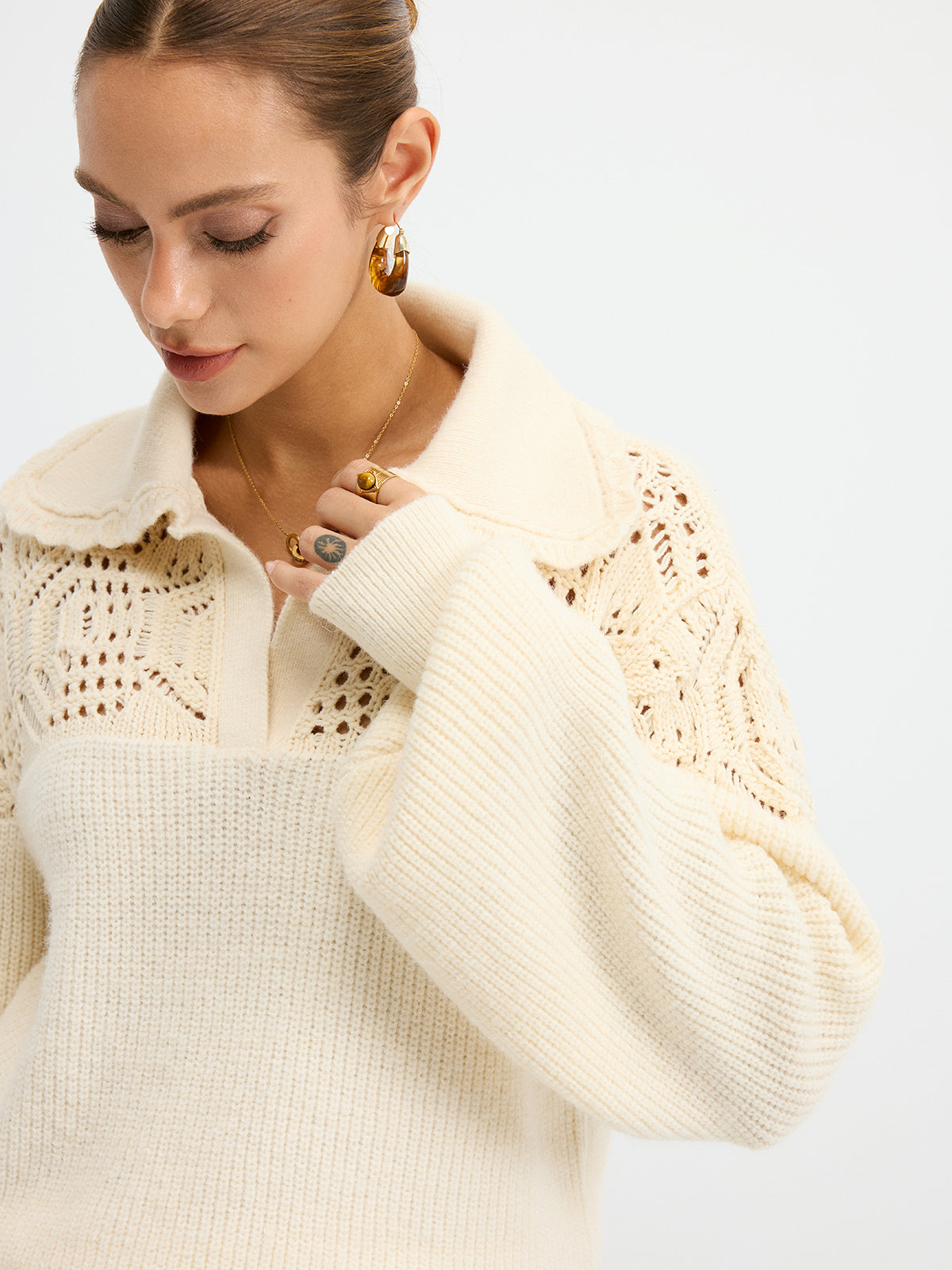 Openwork Polo Knit Sweater-Chicvia