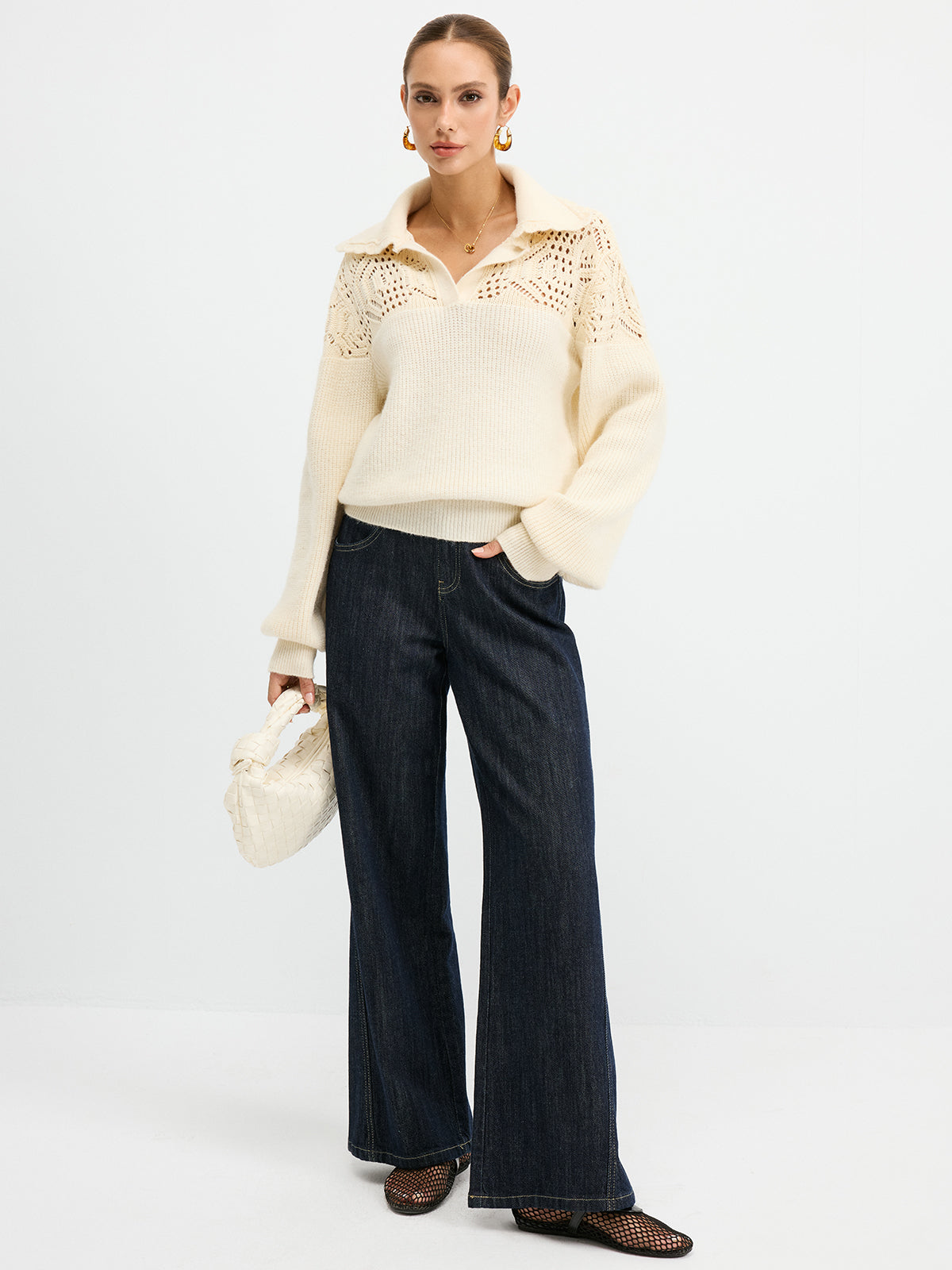 Openwork Polo Knit Sweater-Chicvia