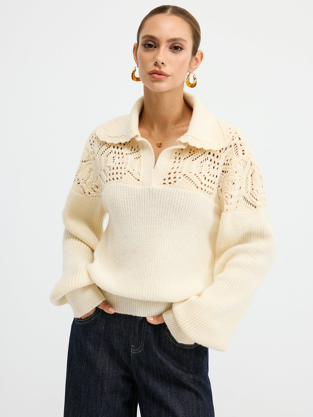Openwork Polo Knit Sweater-Chicvia