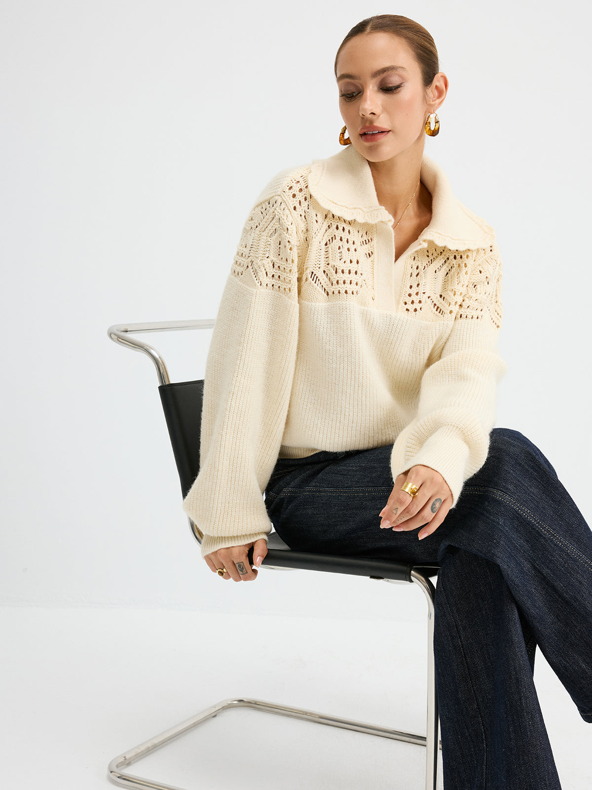 Openwork Polo Knit Sweater-Chicvia