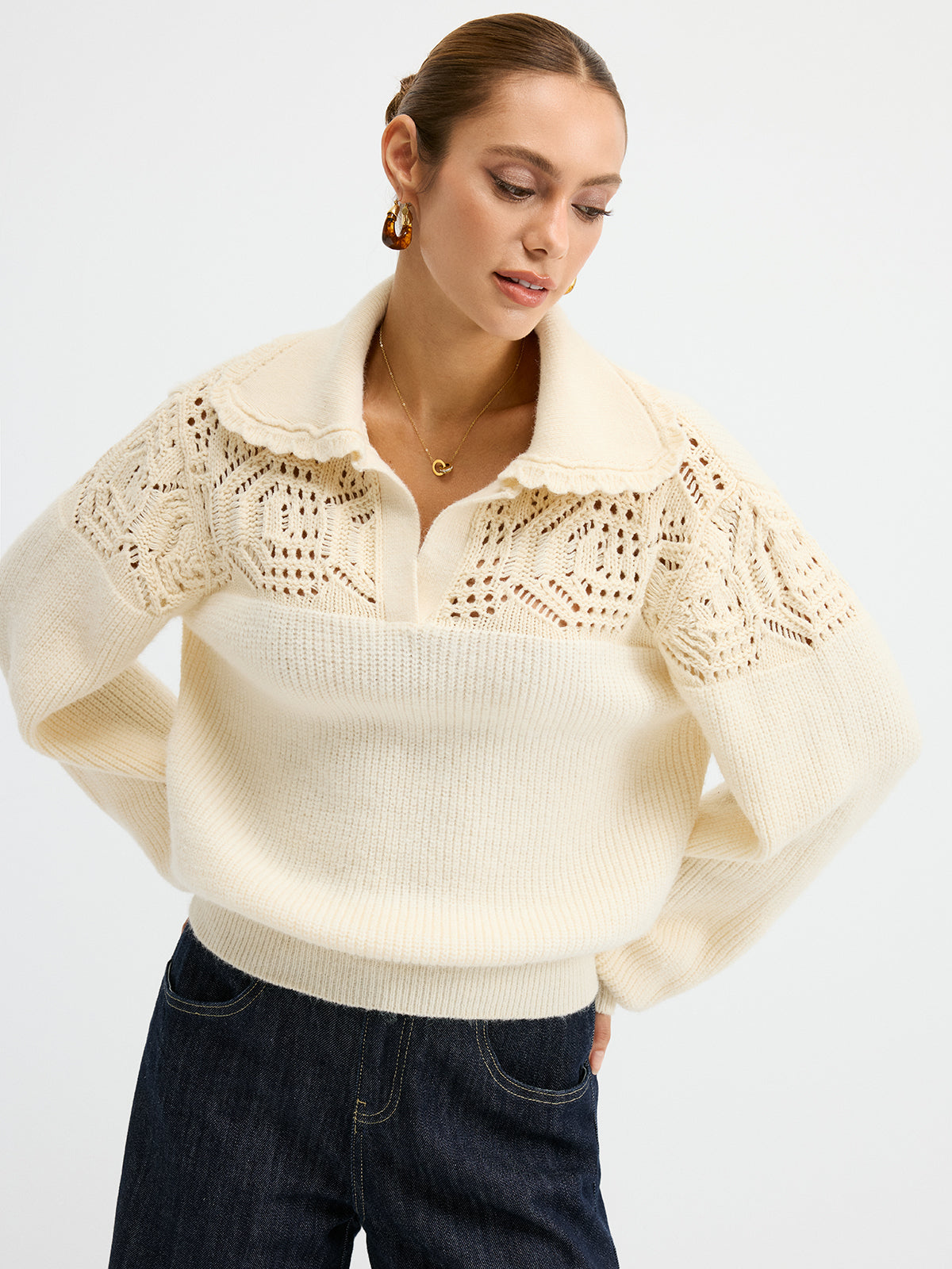 Openwork Polo Knit Sweater-Chicvia