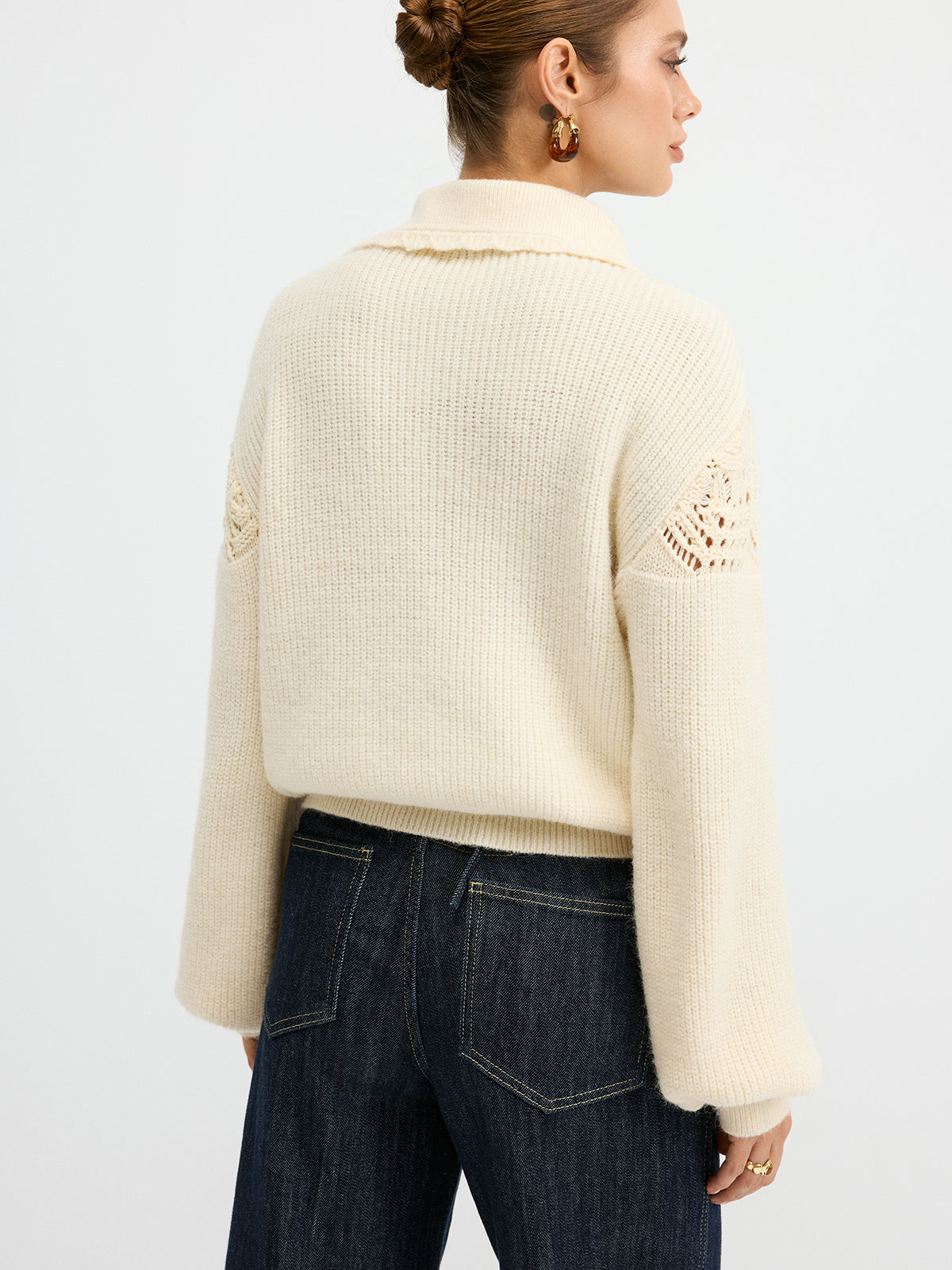 Openwork Polo Knit Sweater-Chicvia