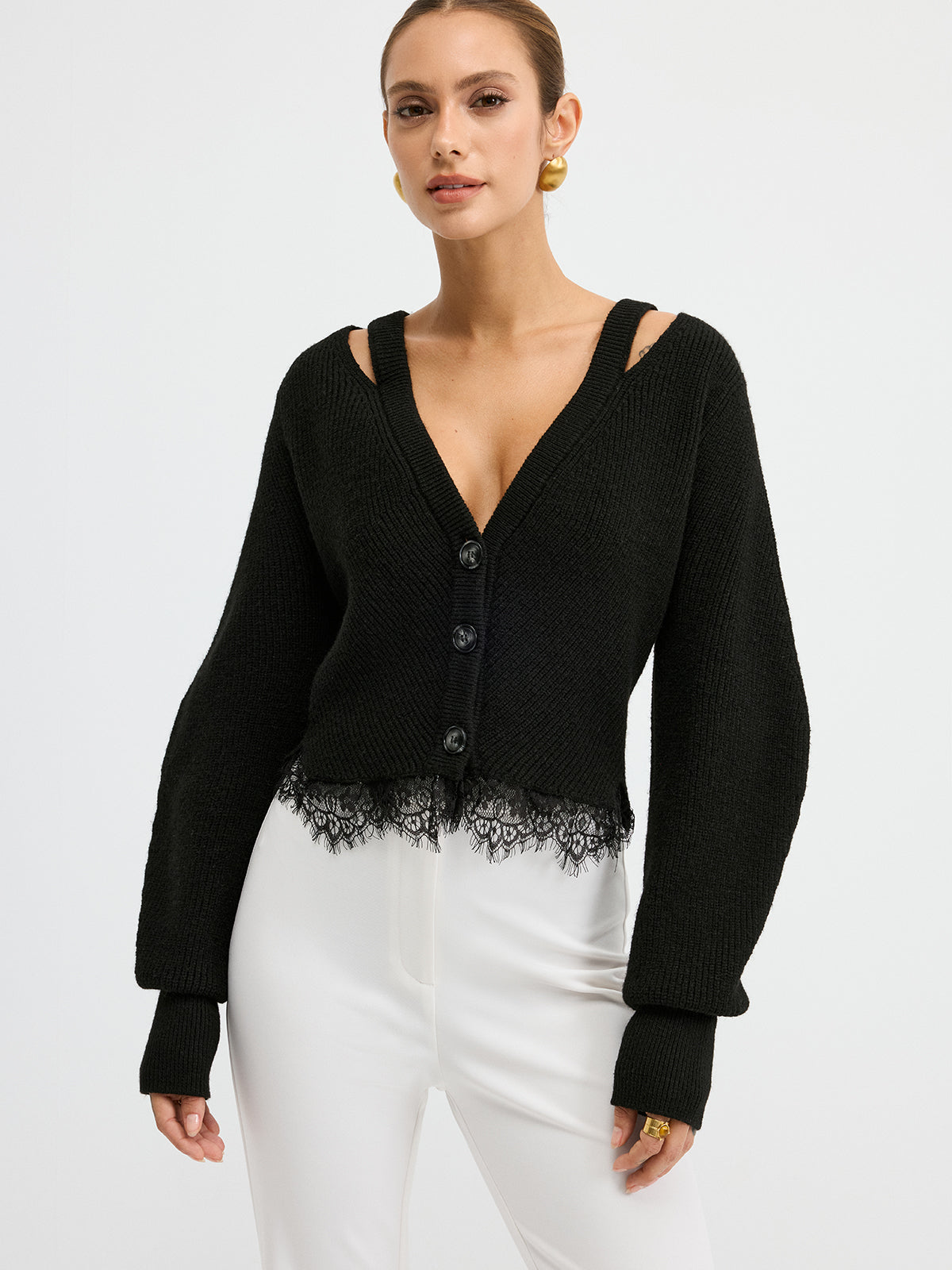 Lace Hem Wool Blend Cardigan-Chicvia