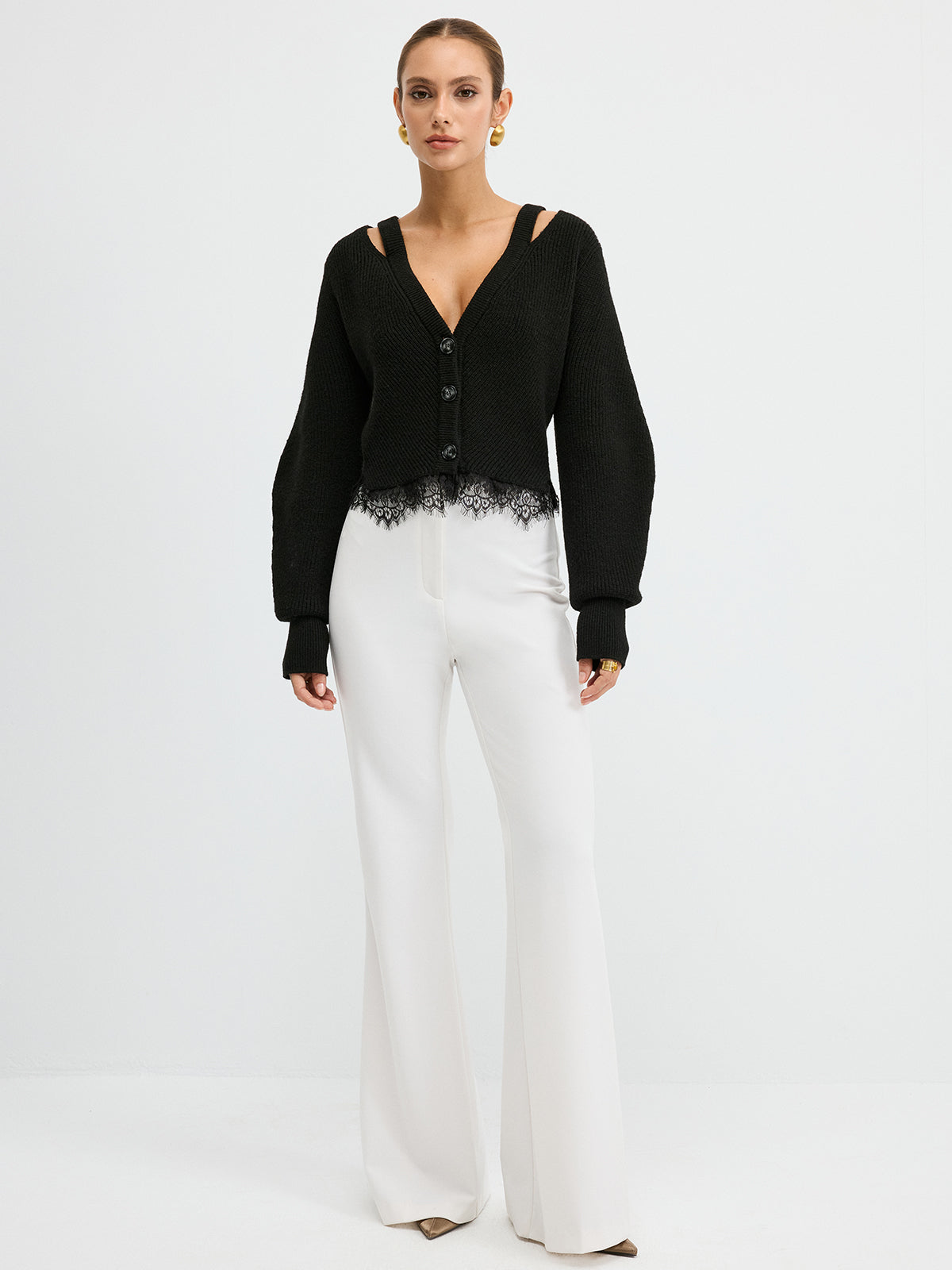 Lace Hem Wool Blend Cardigan-Chicvia