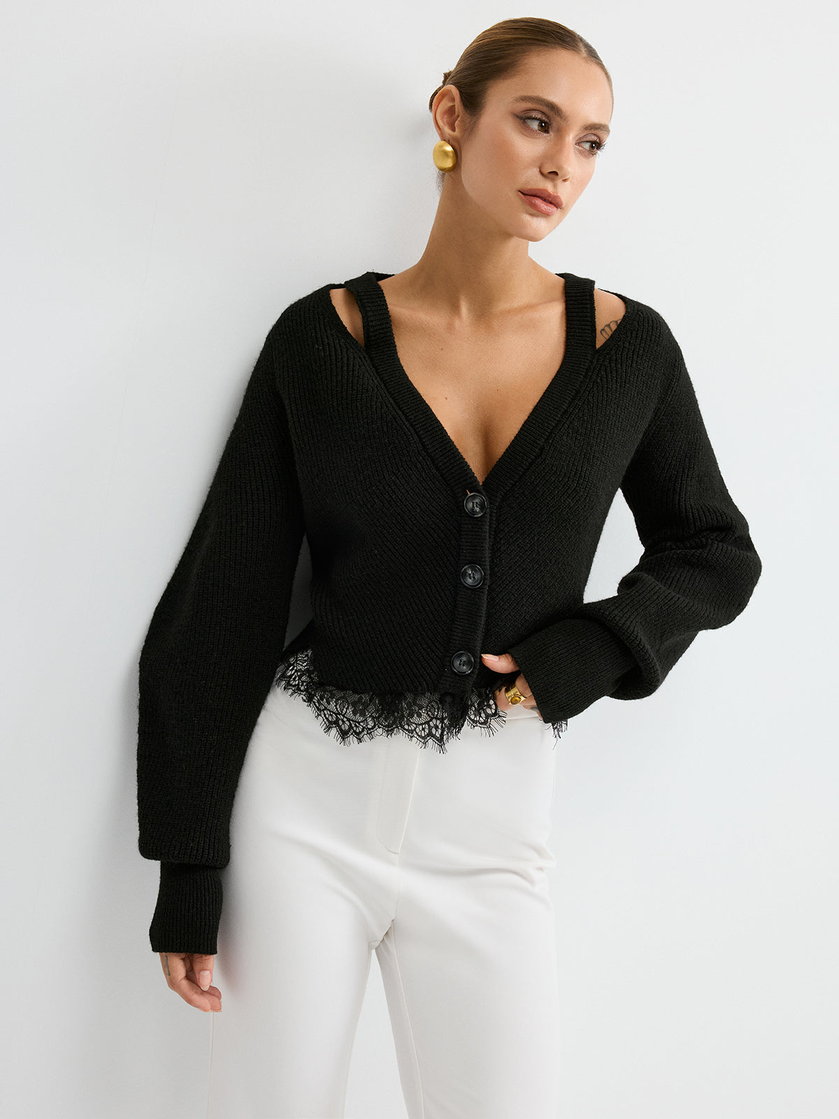 Lace Hem Wool Blend Cardigan-Chicvia