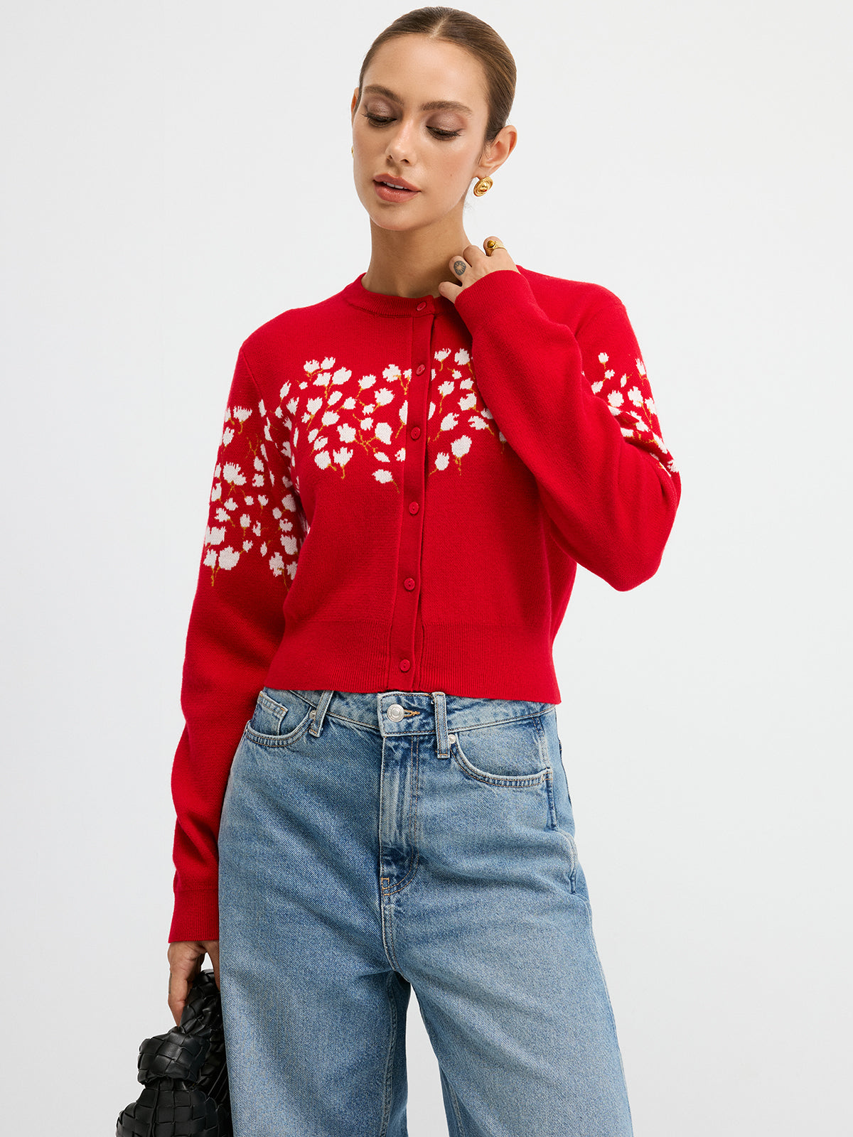 Floral-Patterned Wool Blend Cardigan-Chicvia