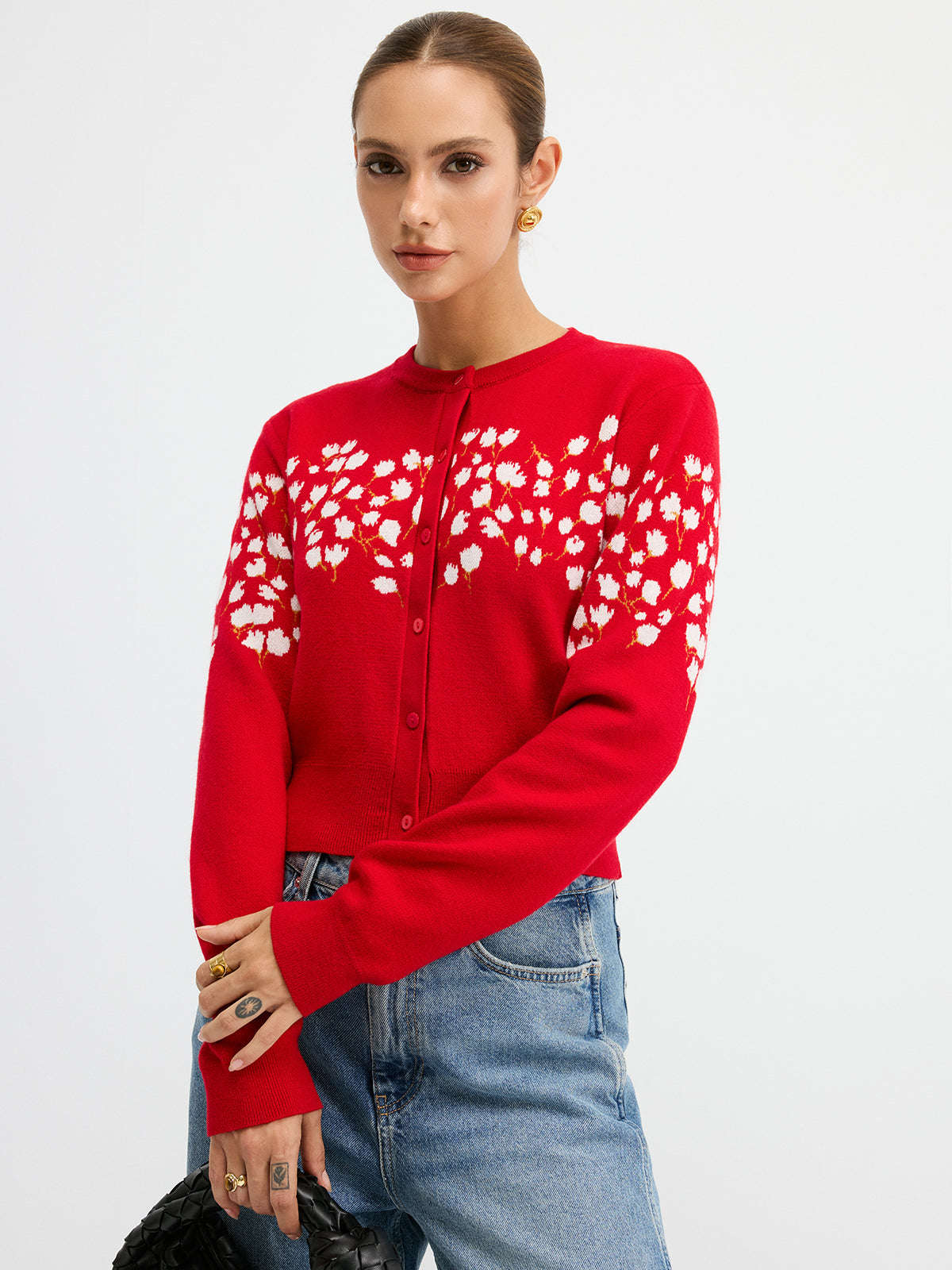 Floral-Patterned Wool Blend Cardigan-Chicvia