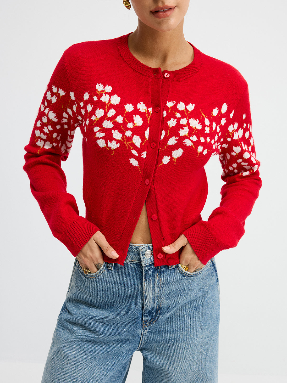 Floral-Patterned Wool Blend Cardigan-Chicvia