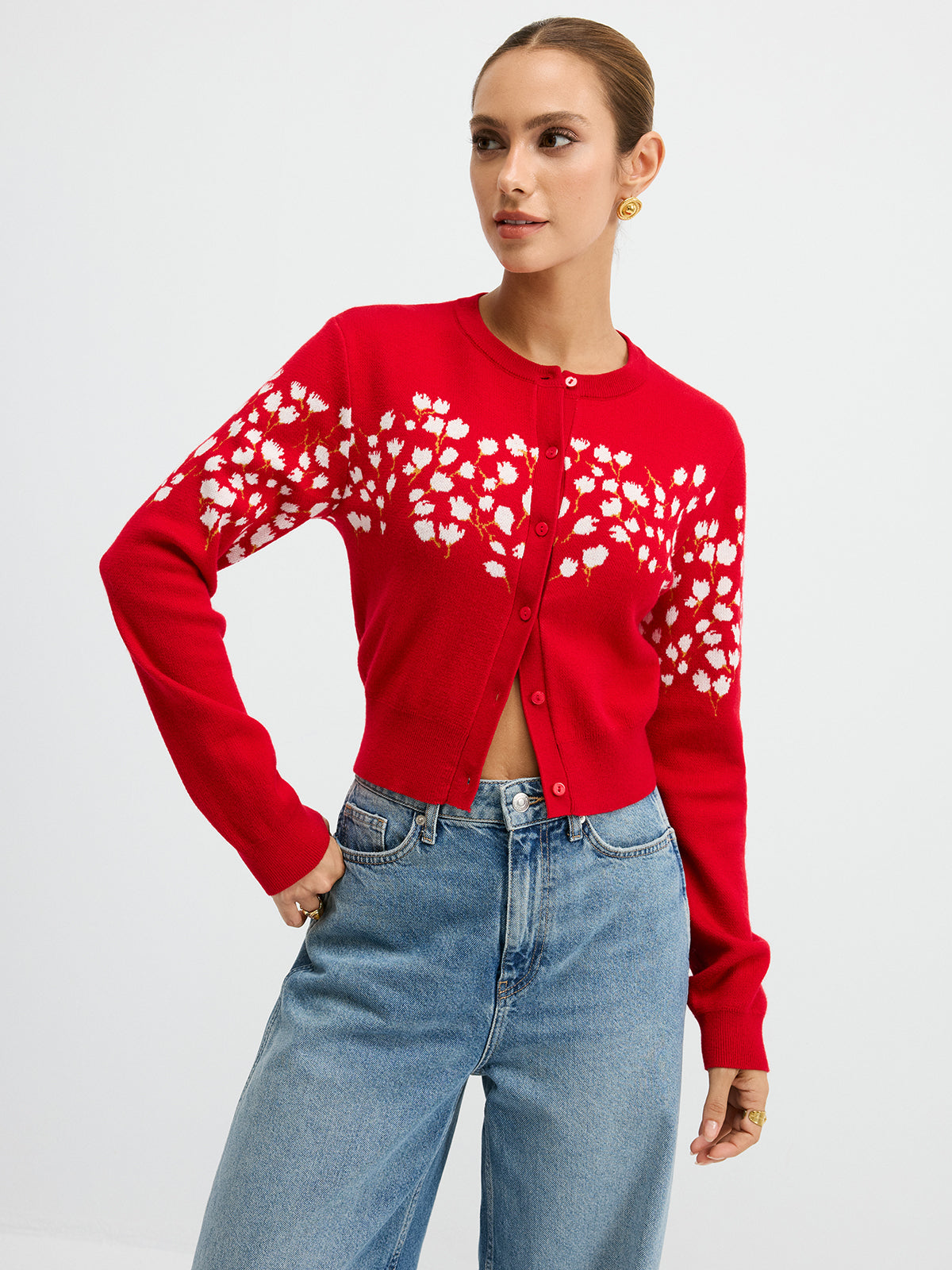 Floral-Patterned Wool Blend Cardigan-Chicvia