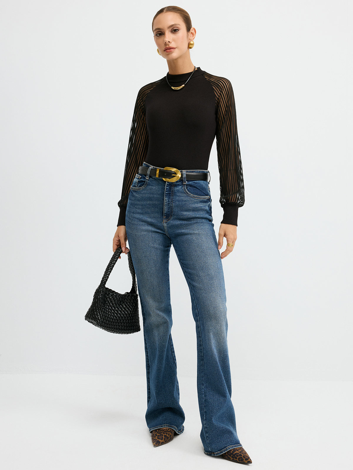 Mock Neck Mesh-Sleeve T-Shirt-Chicvia