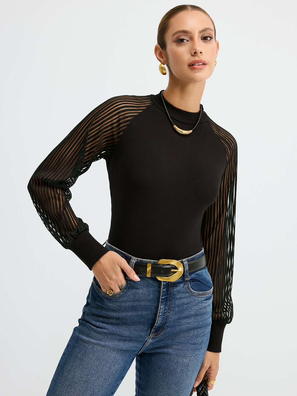 Mock Neck Mesh-Sleeve T-Shirt-Chicvia