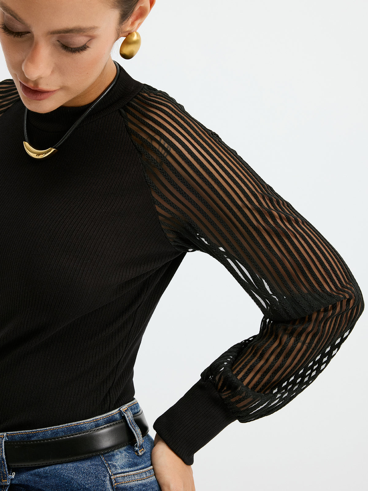 Mock Neck Mesh-Sleeve T-Shirt-Chicvia