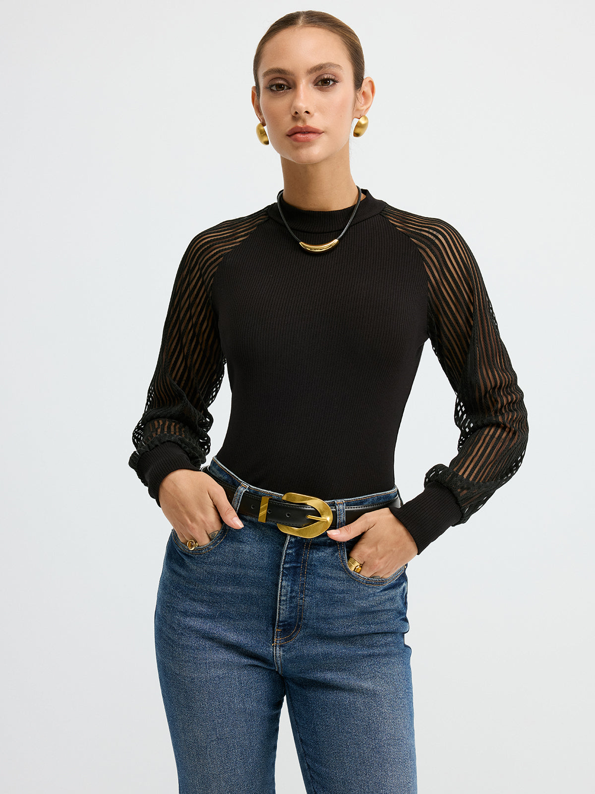 Mock Neck Mesh-Sleeve T-Shirt-Chicvia