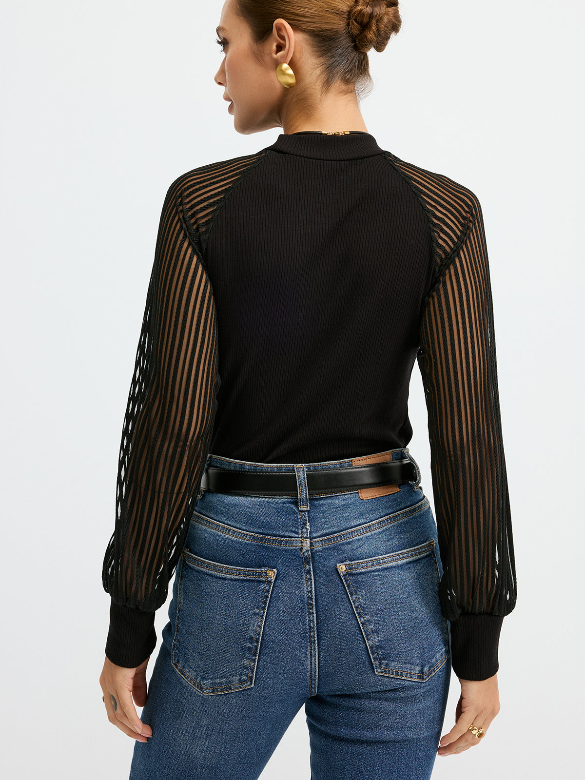 Mock Neck Mesh-Sleeve T-Shirt-Chicvia