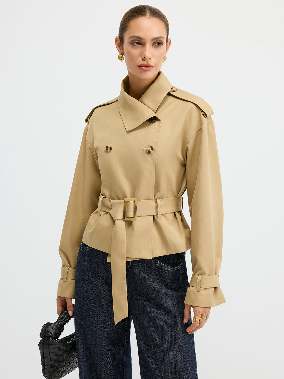 Double-Breasted Belted Trench Coat-Chicvia