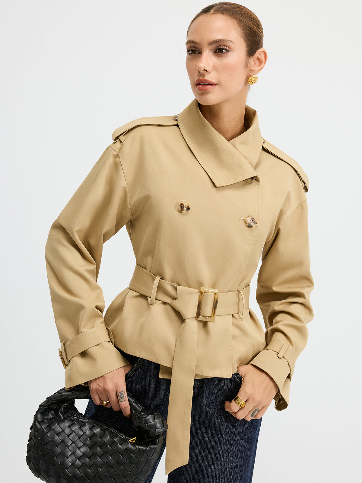 Double-Breasted Belted Trench Coat-Chicvia