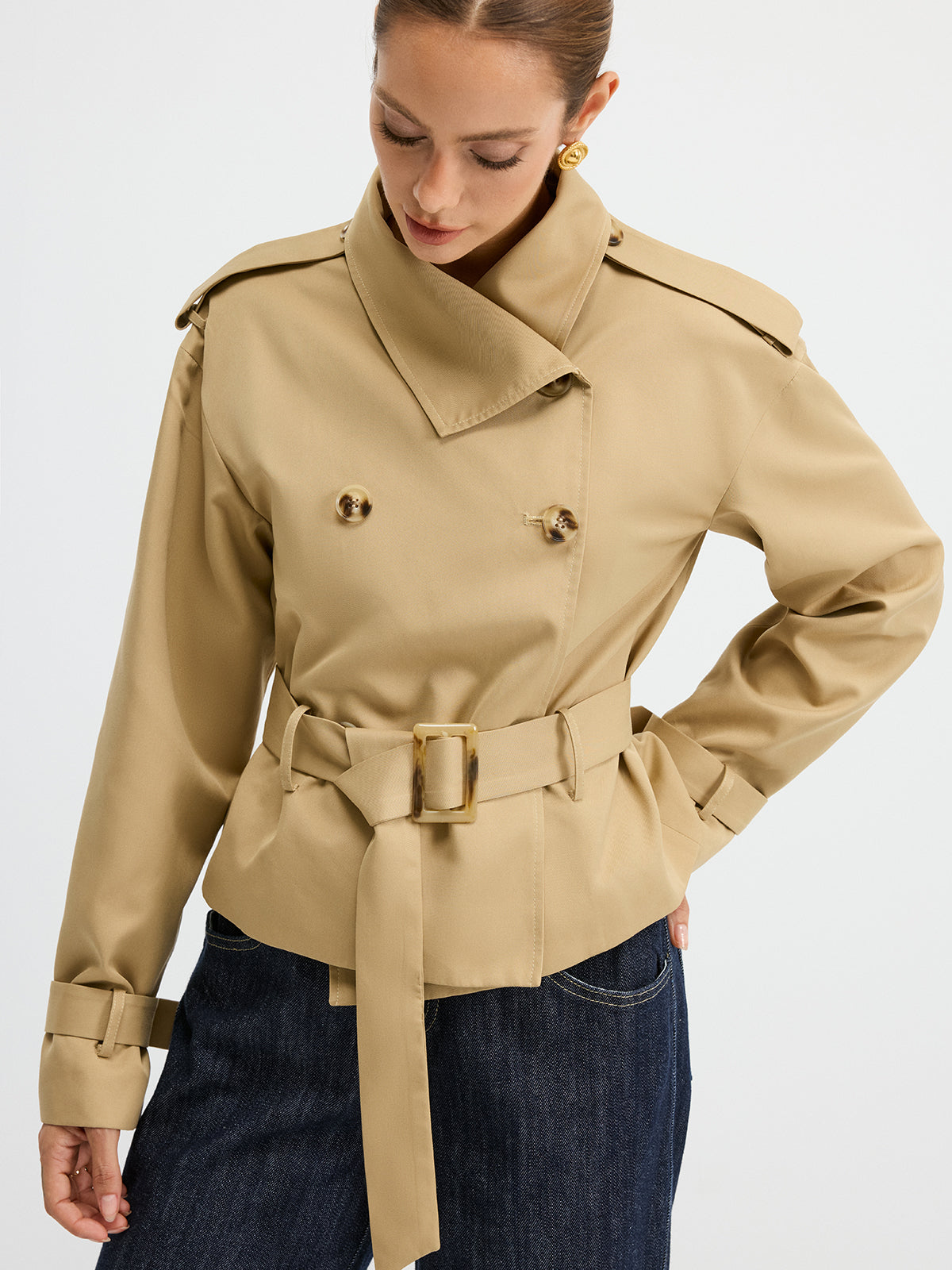 Double-Breasted Belted Trench Coat-Chicvia