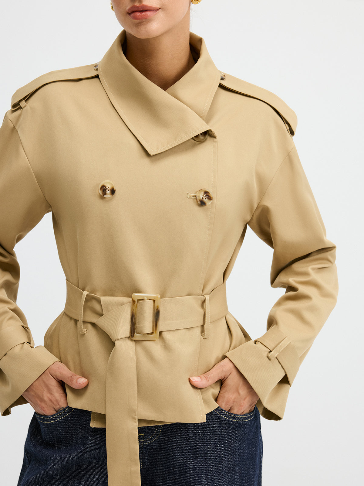 Double-Breasted Belted Trench Coat-Chicvia