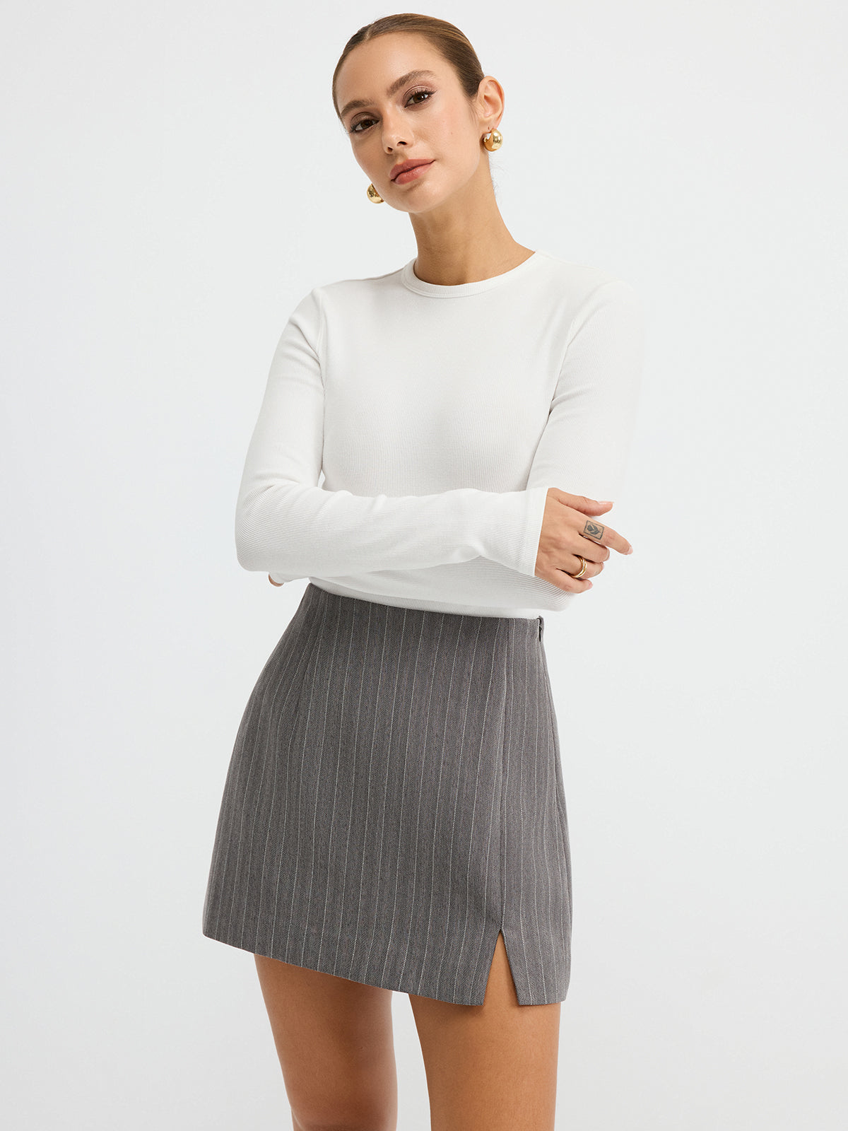 Pinstripe Slit Mini Skirt-Chicvia