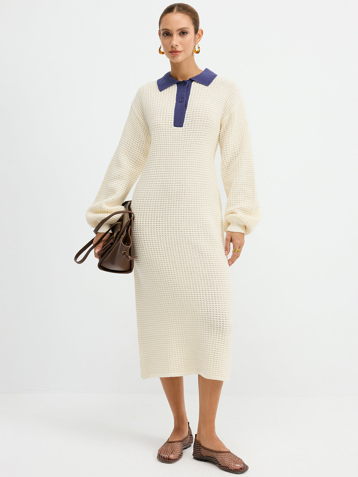 Contrast Collar Waffle-Knit Maxi Dress-Chicvia