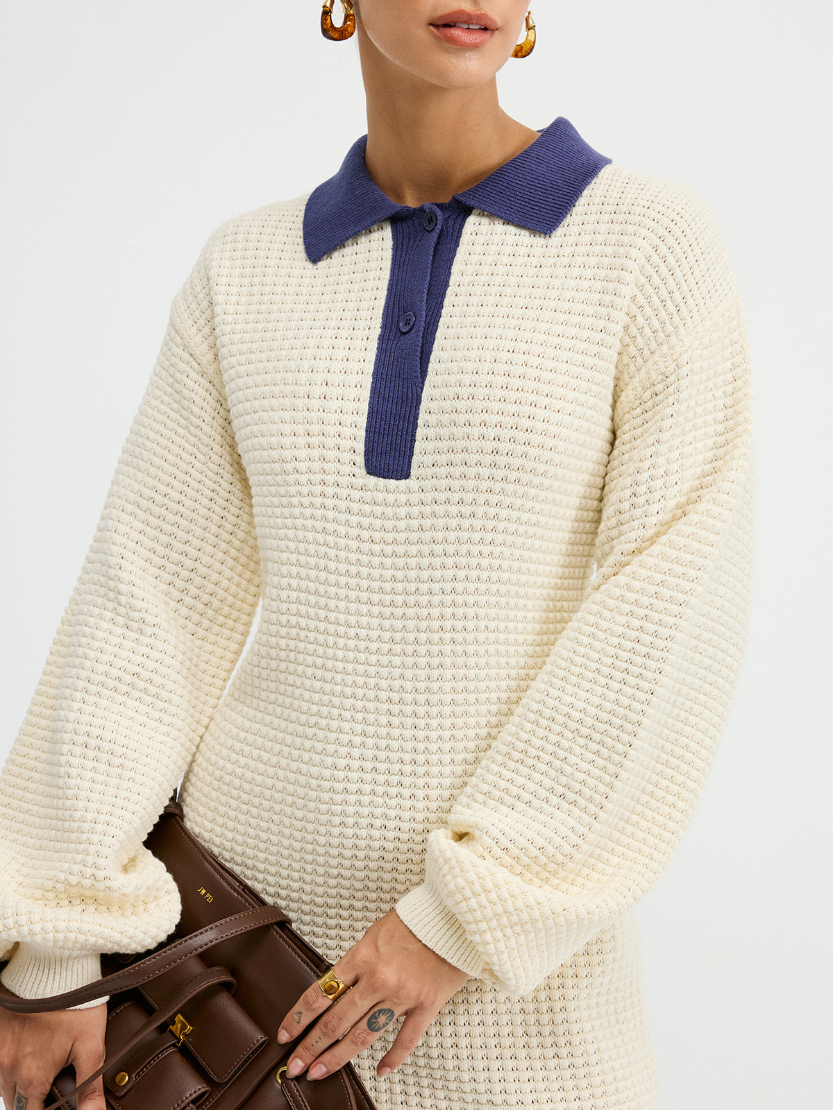 Contrast Collar Waffle-Knit Maxi Dress-Chicvia