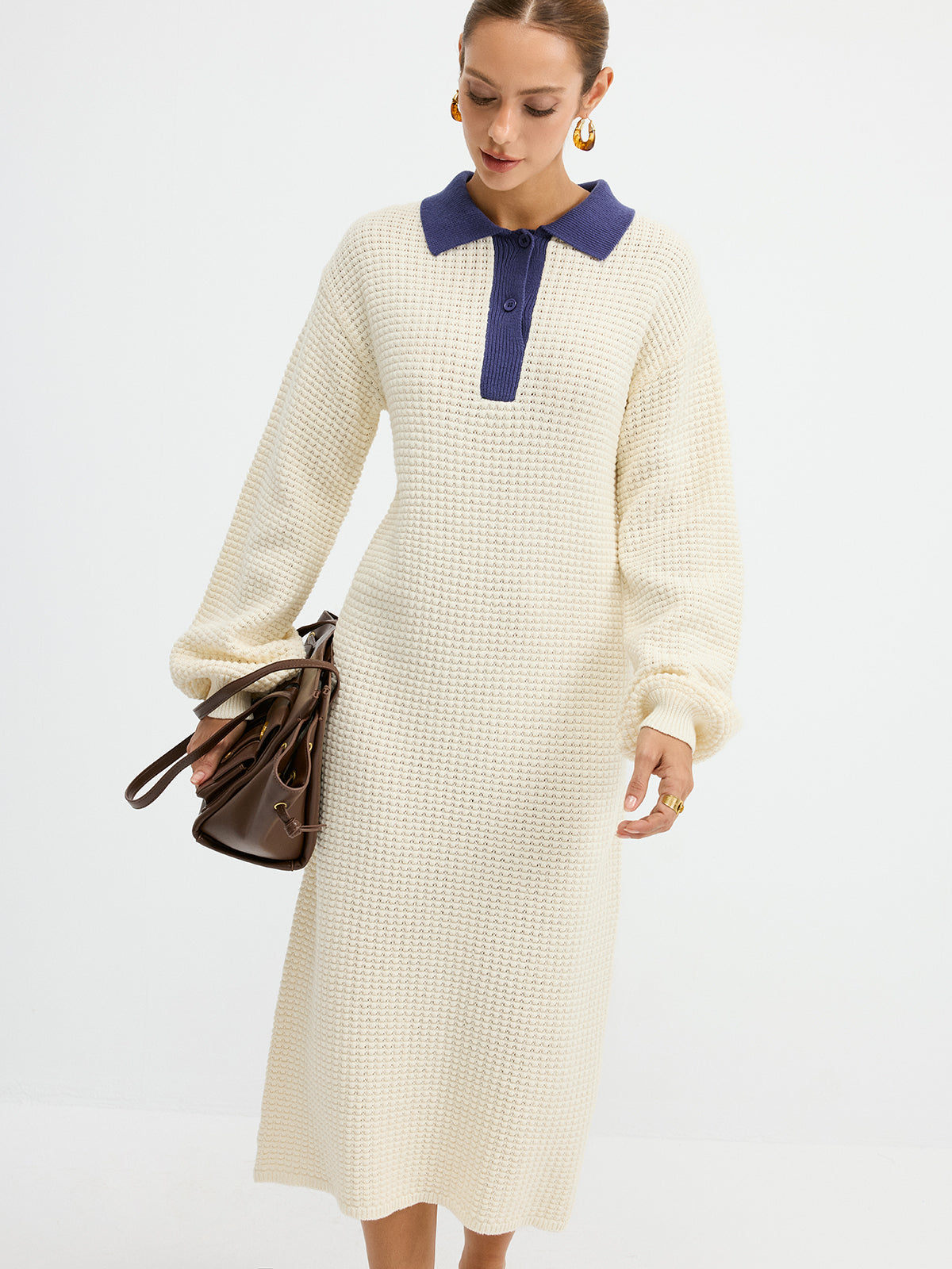 Contrast Collar Waffle-Knit Maxi Dress-Chicvia