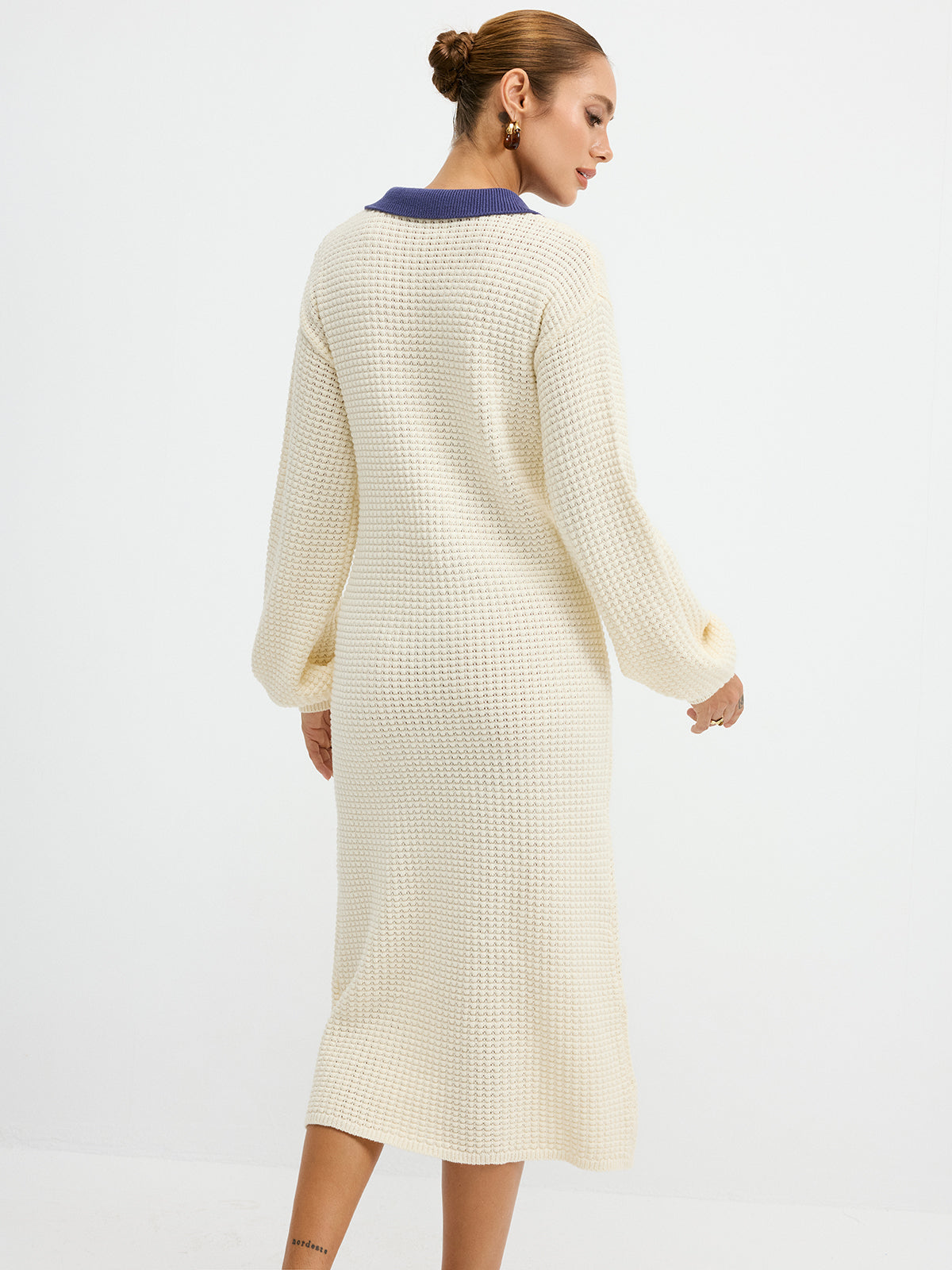 Contrast Collar Waffle-Knit Maxi Dress-Chicvia