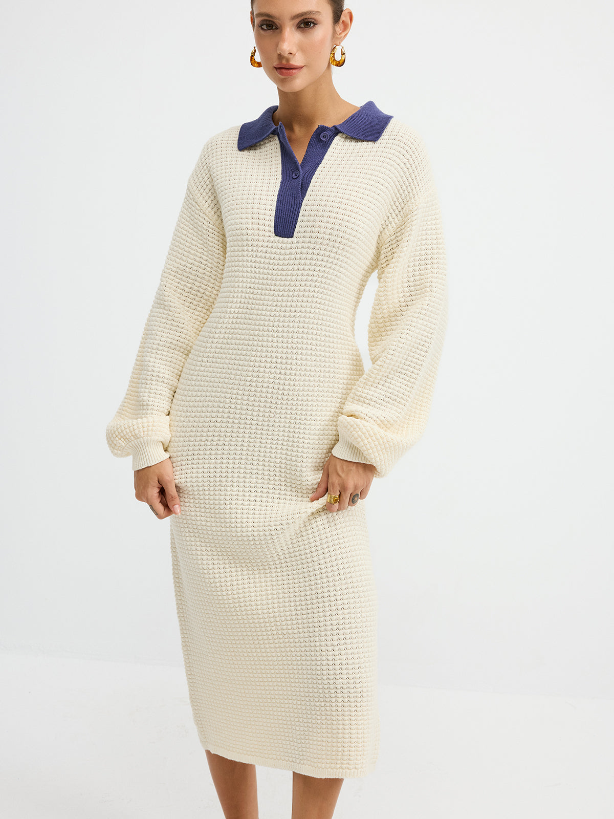 Contrast Collar Waffle-Knit Maxi Dress-Chicvia