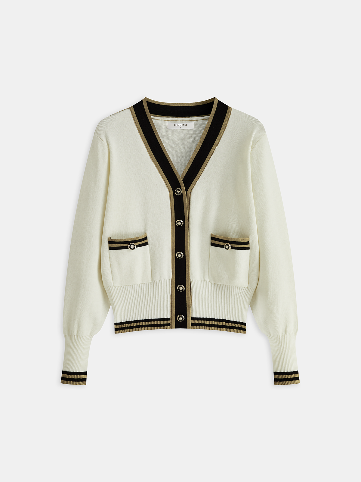 Contrast-Trim Metal Button Cardigan-Chicvia