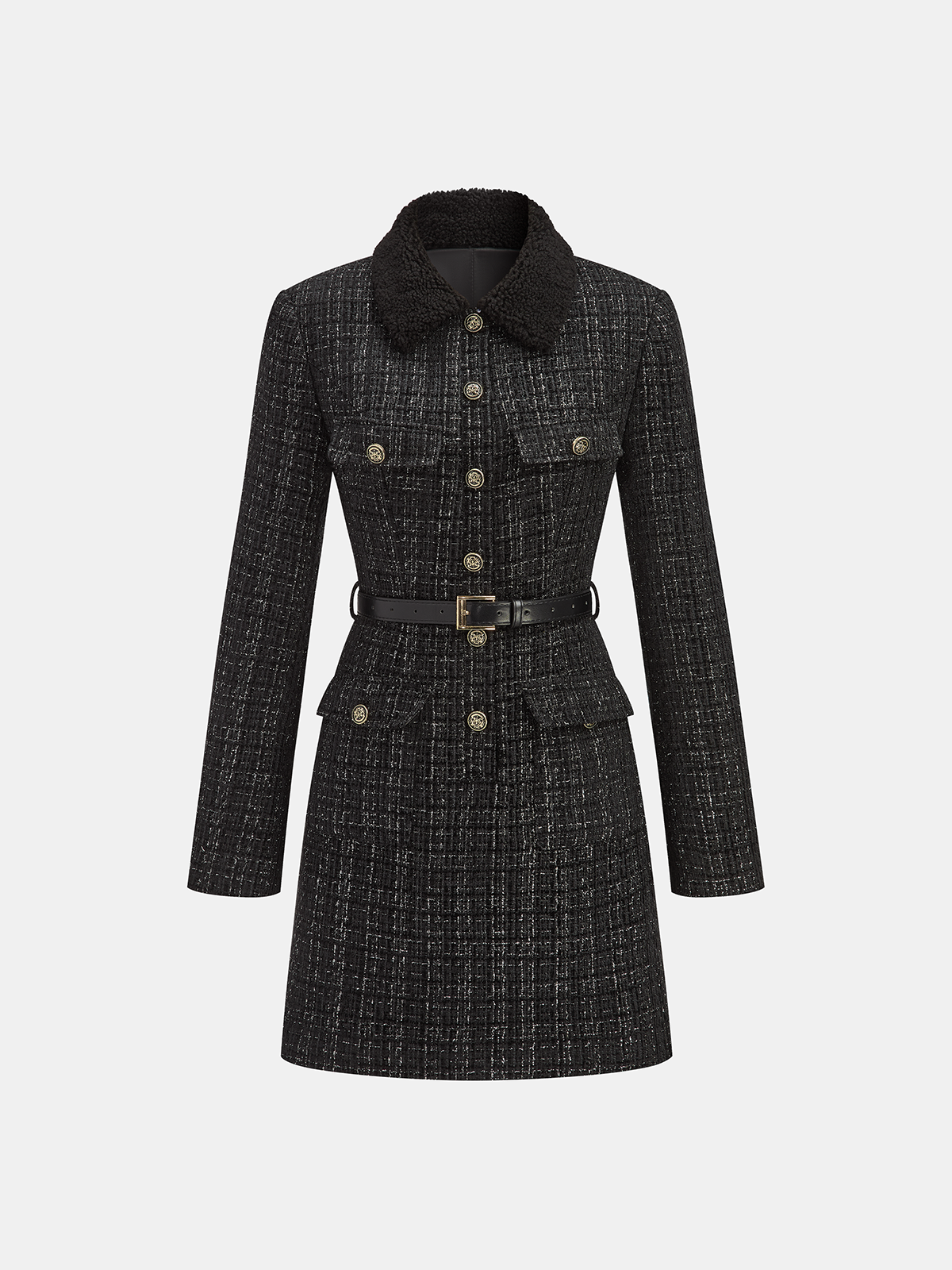 Faux Fur Collar Tweed Belted Mini Dress-Chicvia