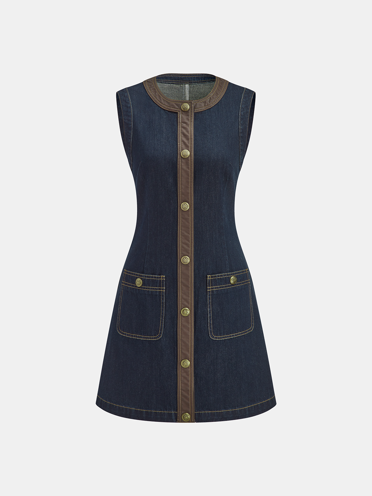 Contrast Trim Denim Sleeveless Mini Dress-Chicvia