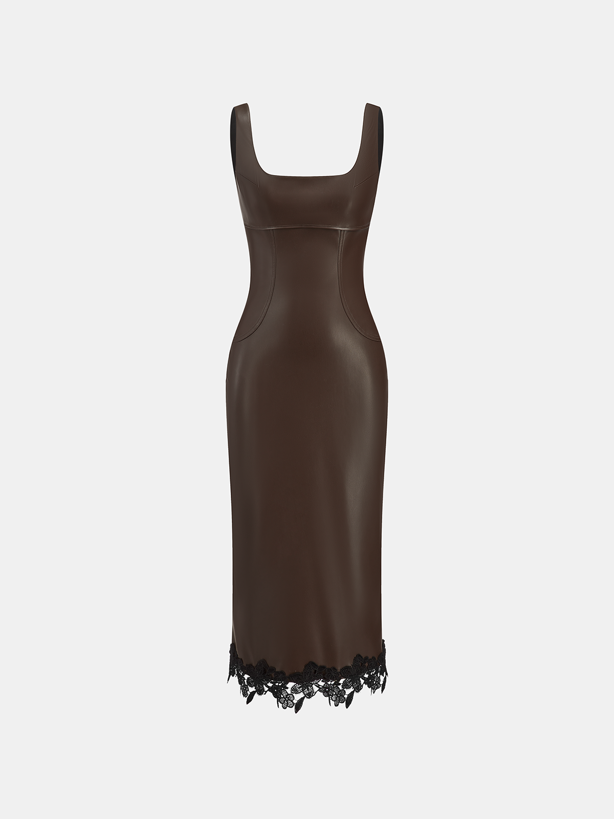 Lace Trim PU Leather Sleeveless Maxi Dress-Chicvia