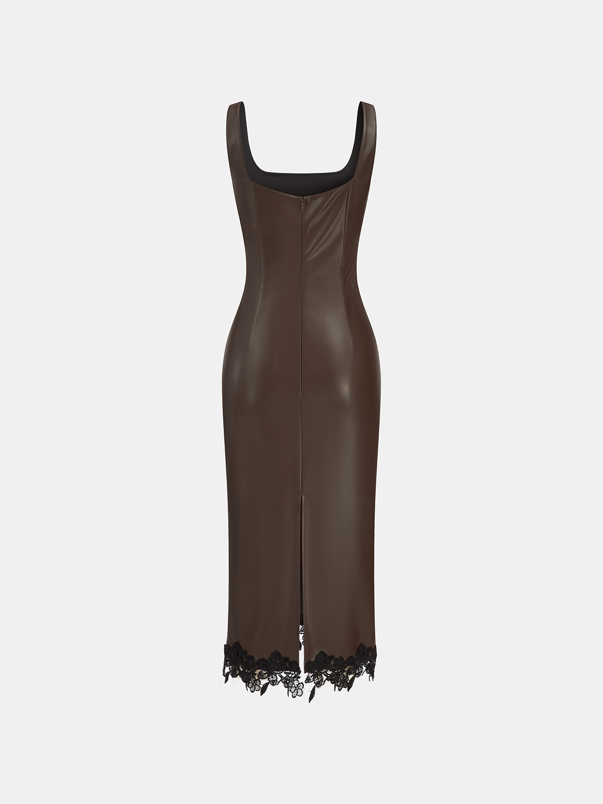 Lace Trim PU Leather Sleeveless Maxi Dress-Chicvia