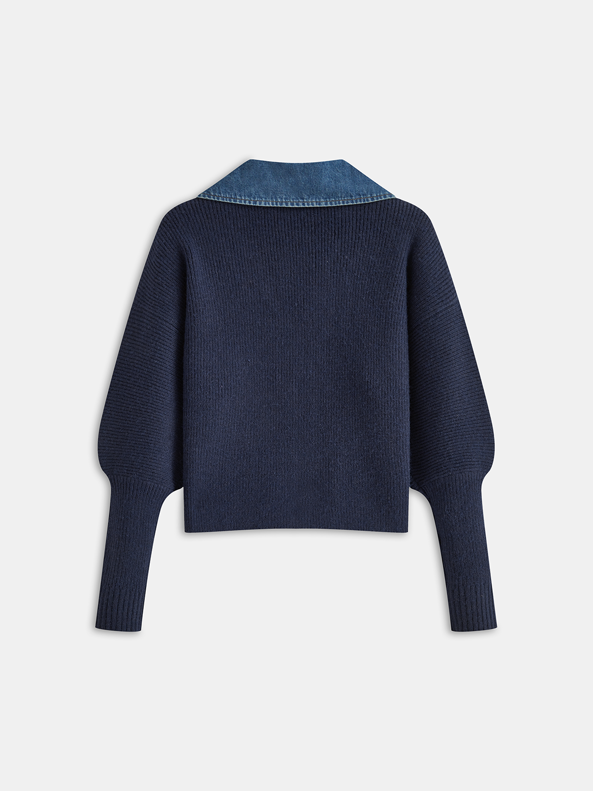 Leg-Of-Mutton Sleeve Denim Panel Knit Cardigan-Chicvia
