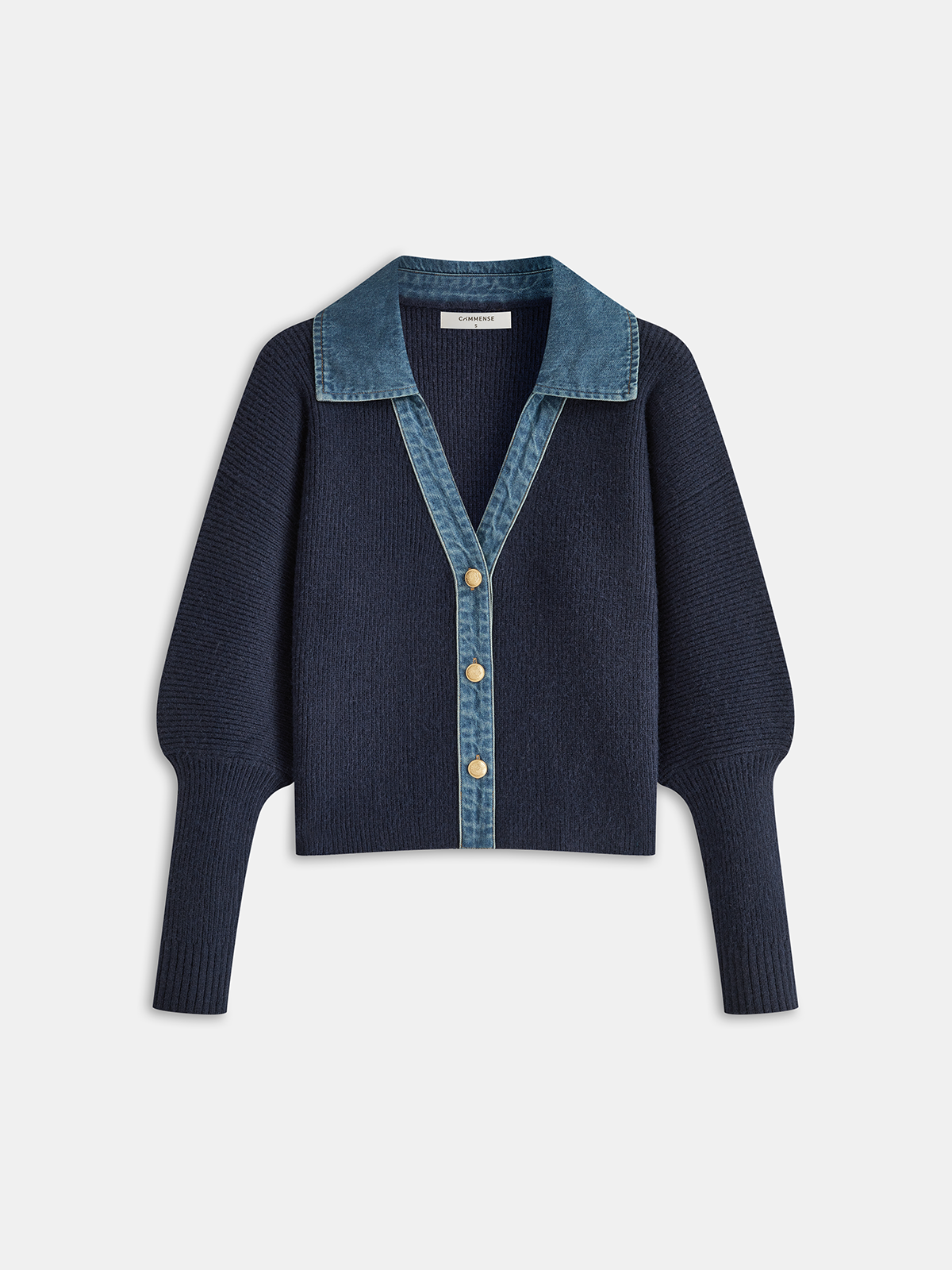 Leg-Of-Mutton Sleeve Denim Panel Knit Cardigan-Chicvia