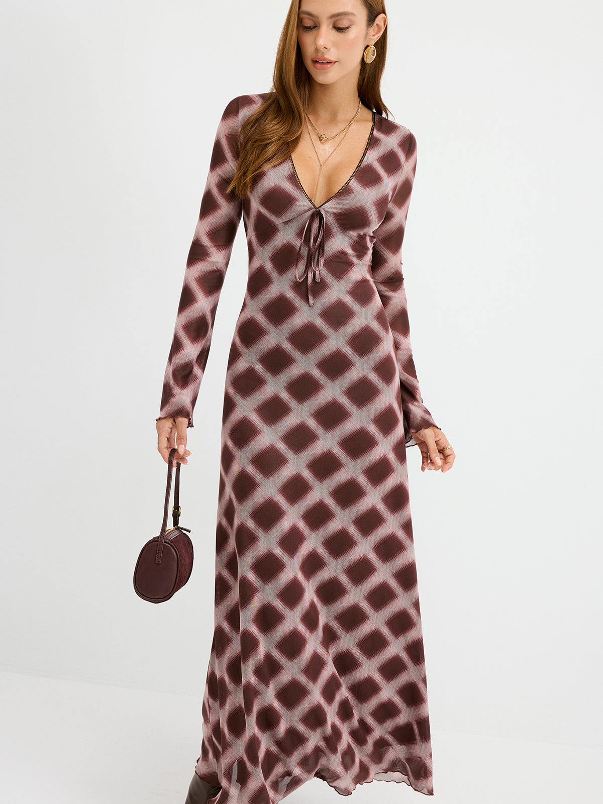 Checkered Mesh Maxi Dress-Chicvia
