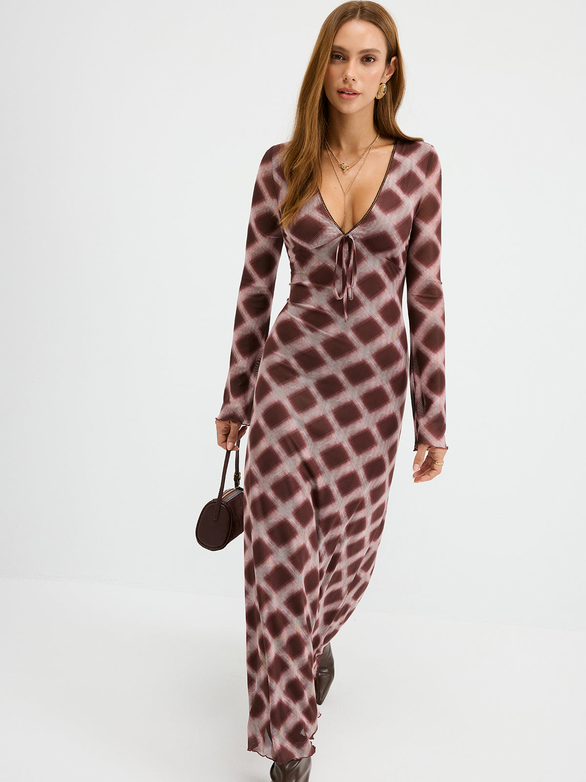 Checkered Mesh Maxi Dress-Chicvia