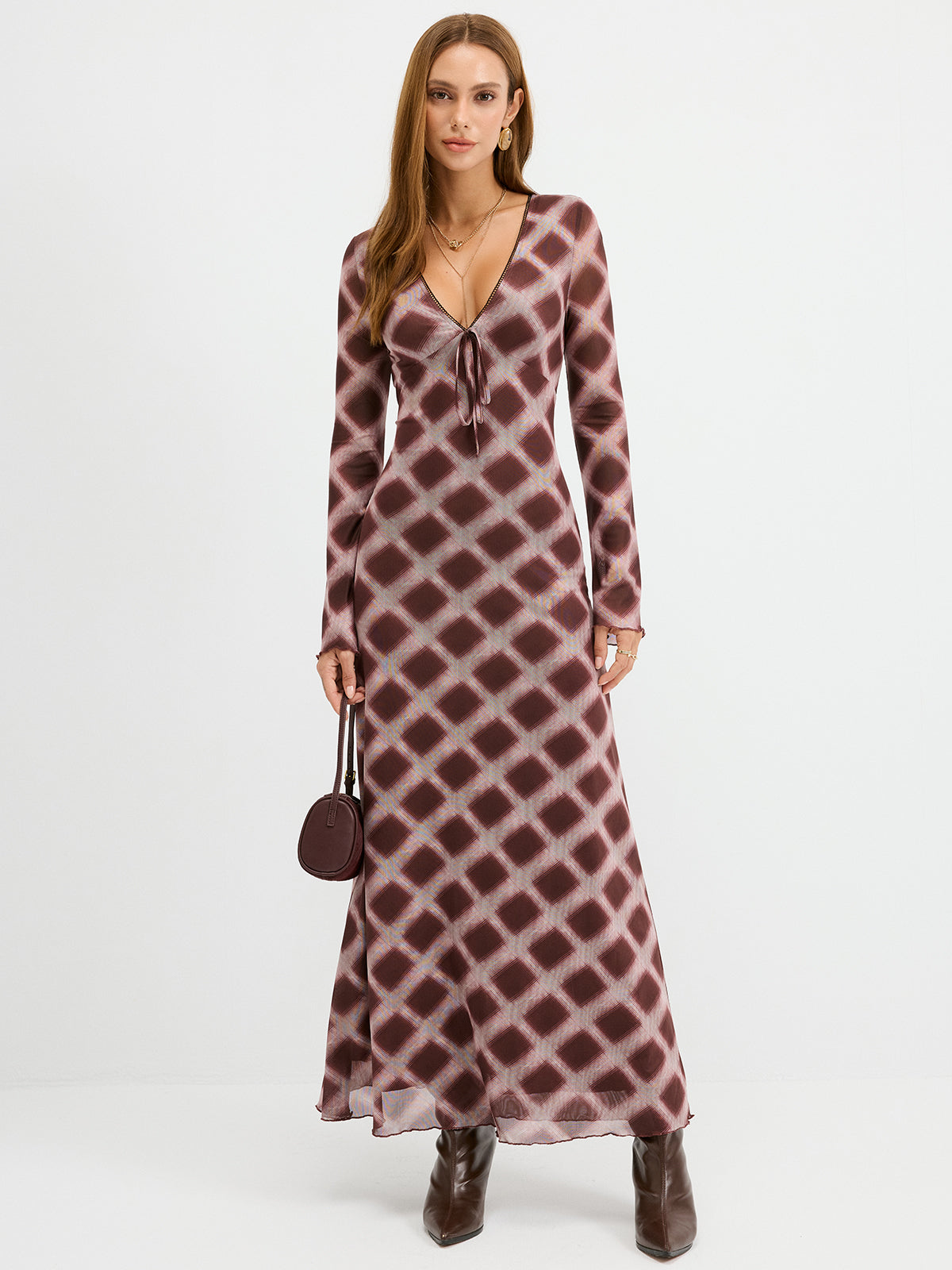Checkered Mesh Maxi Dress-Chicvia