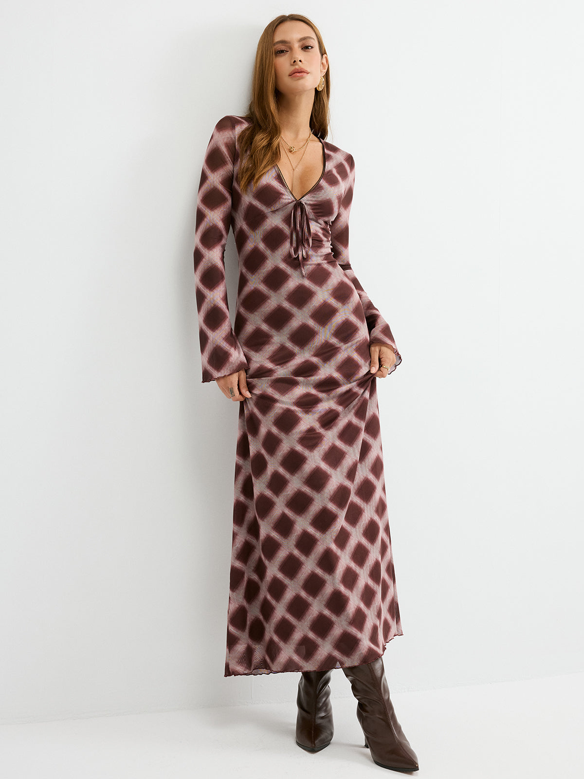 Checkered Mesh Maxi Dress-Chicvia