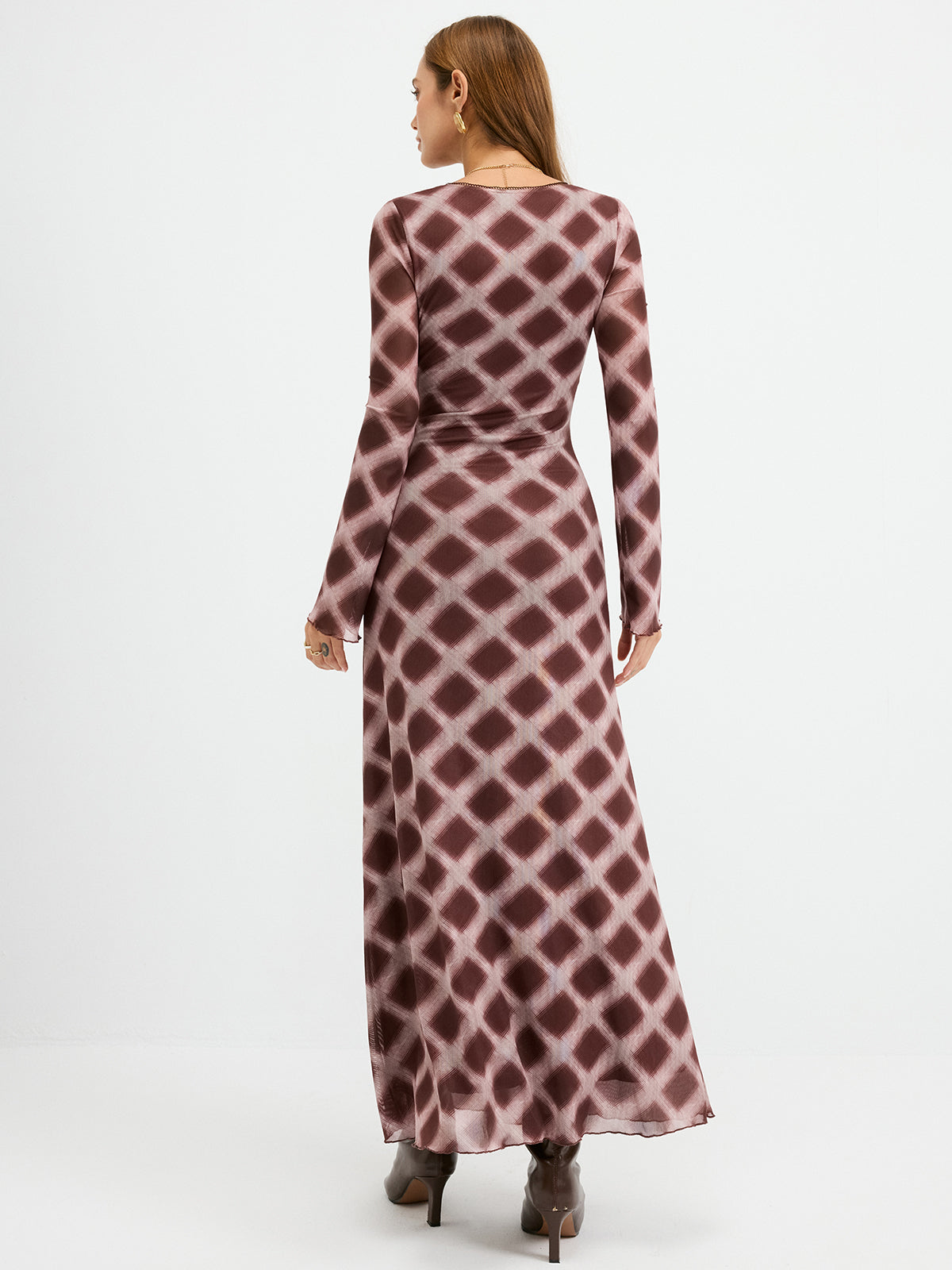 Checkered Mesh Maxi Dress-Chicvia