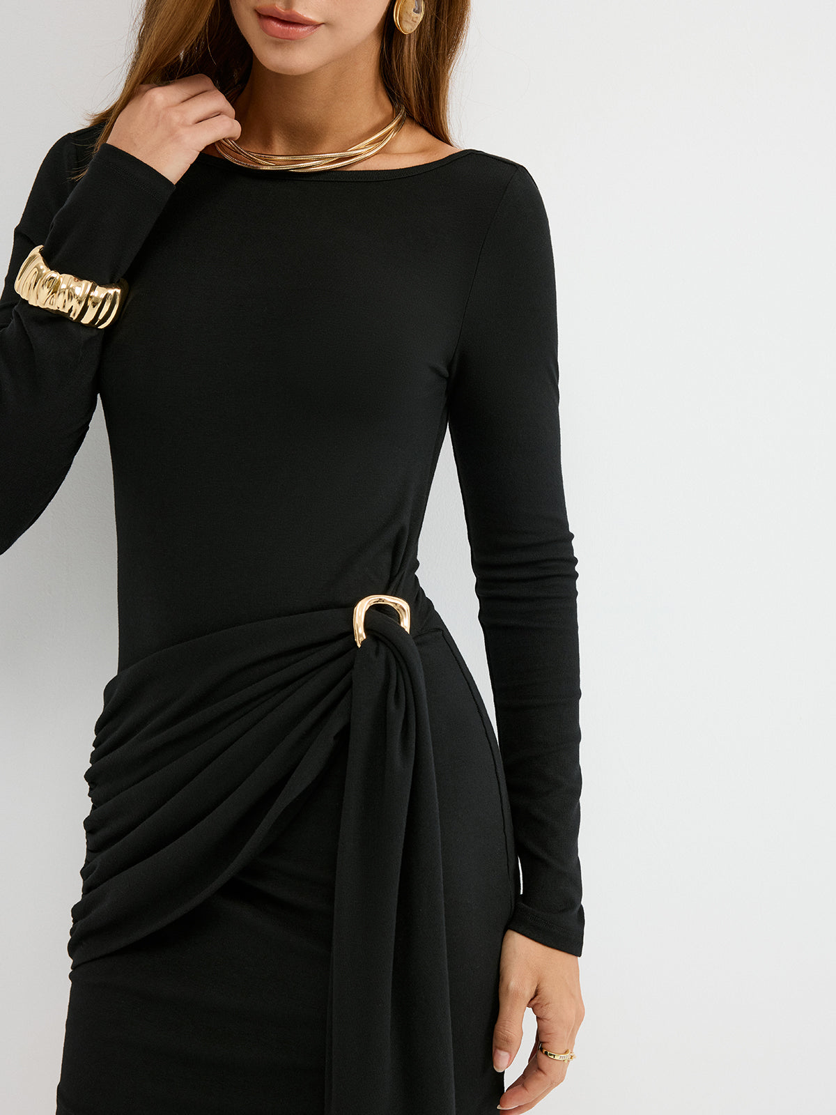 Metal Buckle Ruched Backless Mini Dress-Chicvia