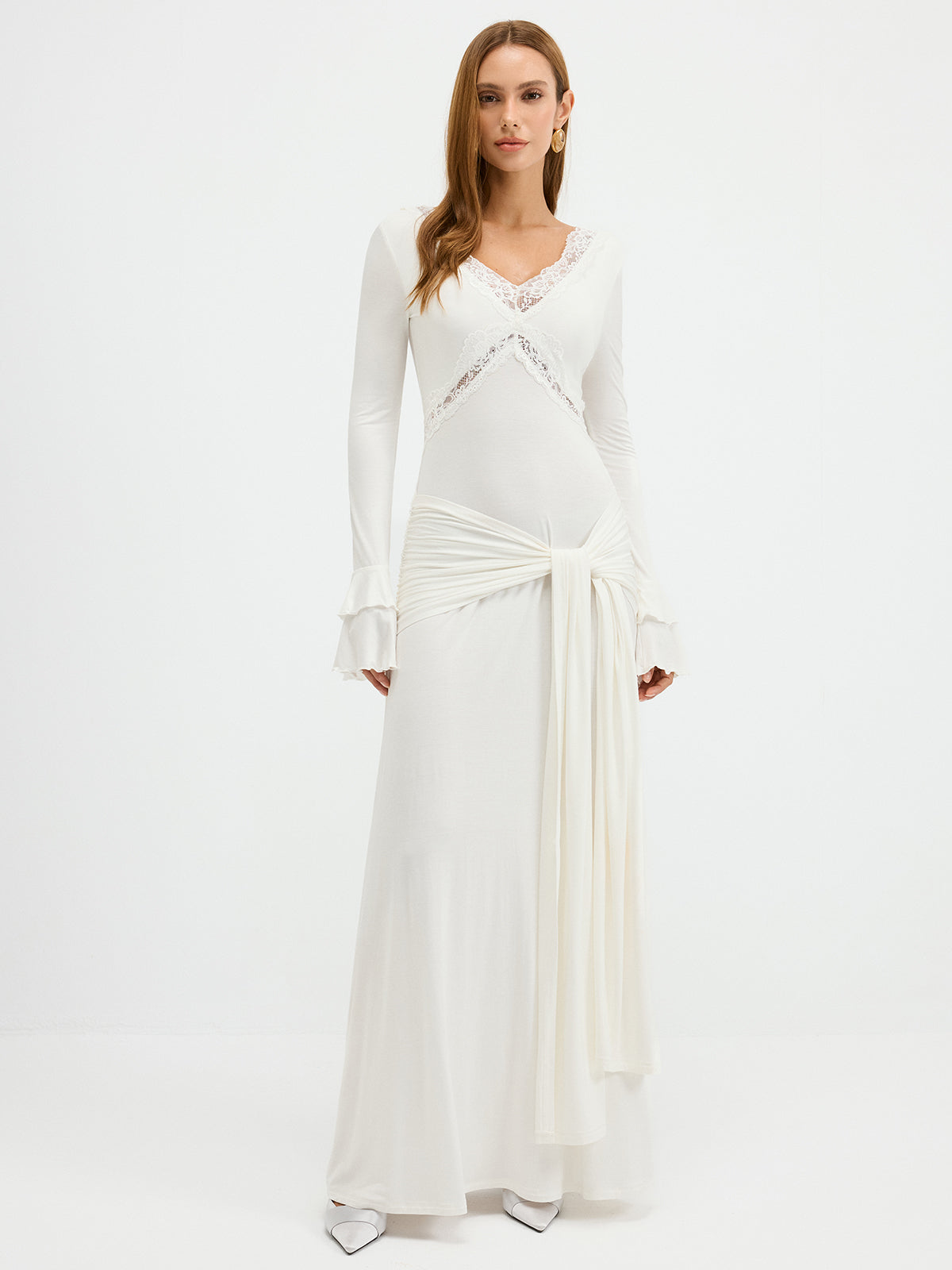 Lace Trim Tie-Waist Tiered Flared-Cuff Maxi Dress-Chicvia